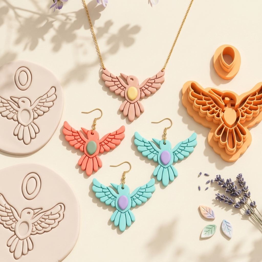 Hummingbird with Precious Stone Polymer Clay Cutter | 30–50mm | Hummingbird Gemstone Clay Cutter | Earring Jewellery Making Tool