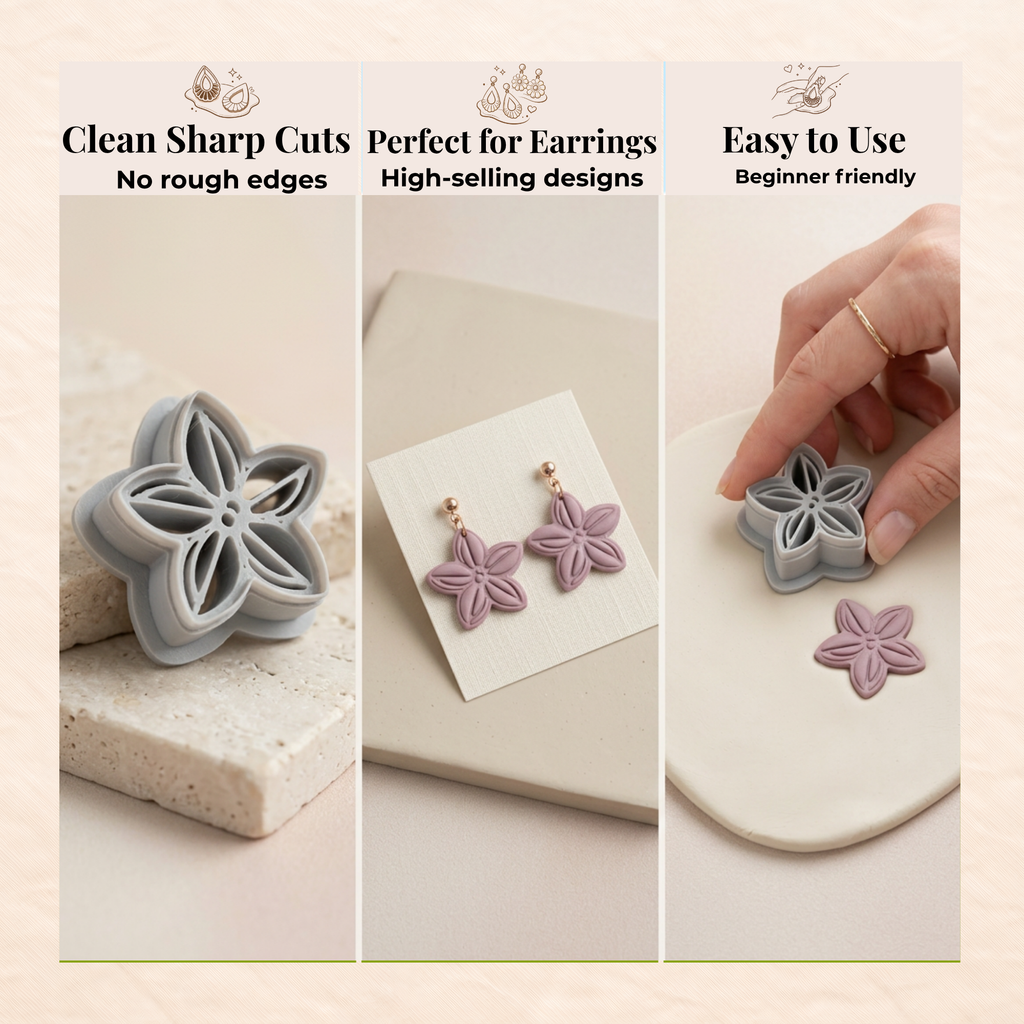 Jasmine Flower Polymer Clay Cutter | 3D Printed Floral Clay Earring Cutter | Botanical Shape Cutter for Clay Jewellery Making | Clay Earring Tool