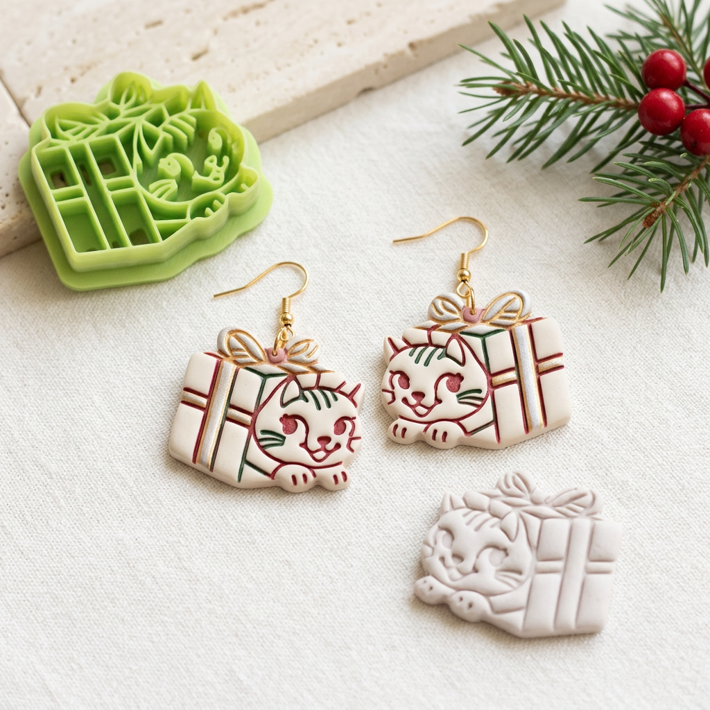 Kitten in a Gift Box Polymer Clay Cutter | Cute Cat Gift Earring Tool