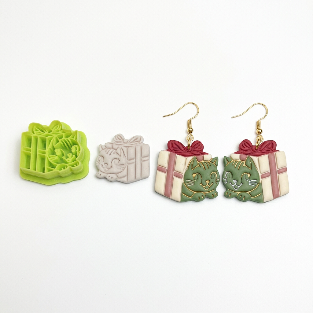 Kitten in a Gift Box Polymer Clay Cutter | Cute Cat Gift Earring Tool