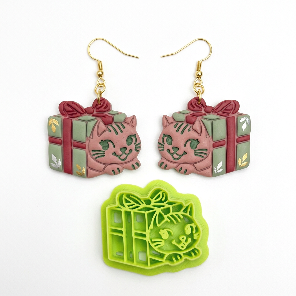 Kitten in a Gift Box Polymer Clay Cutter | Cute Cat Gift Earring Tool