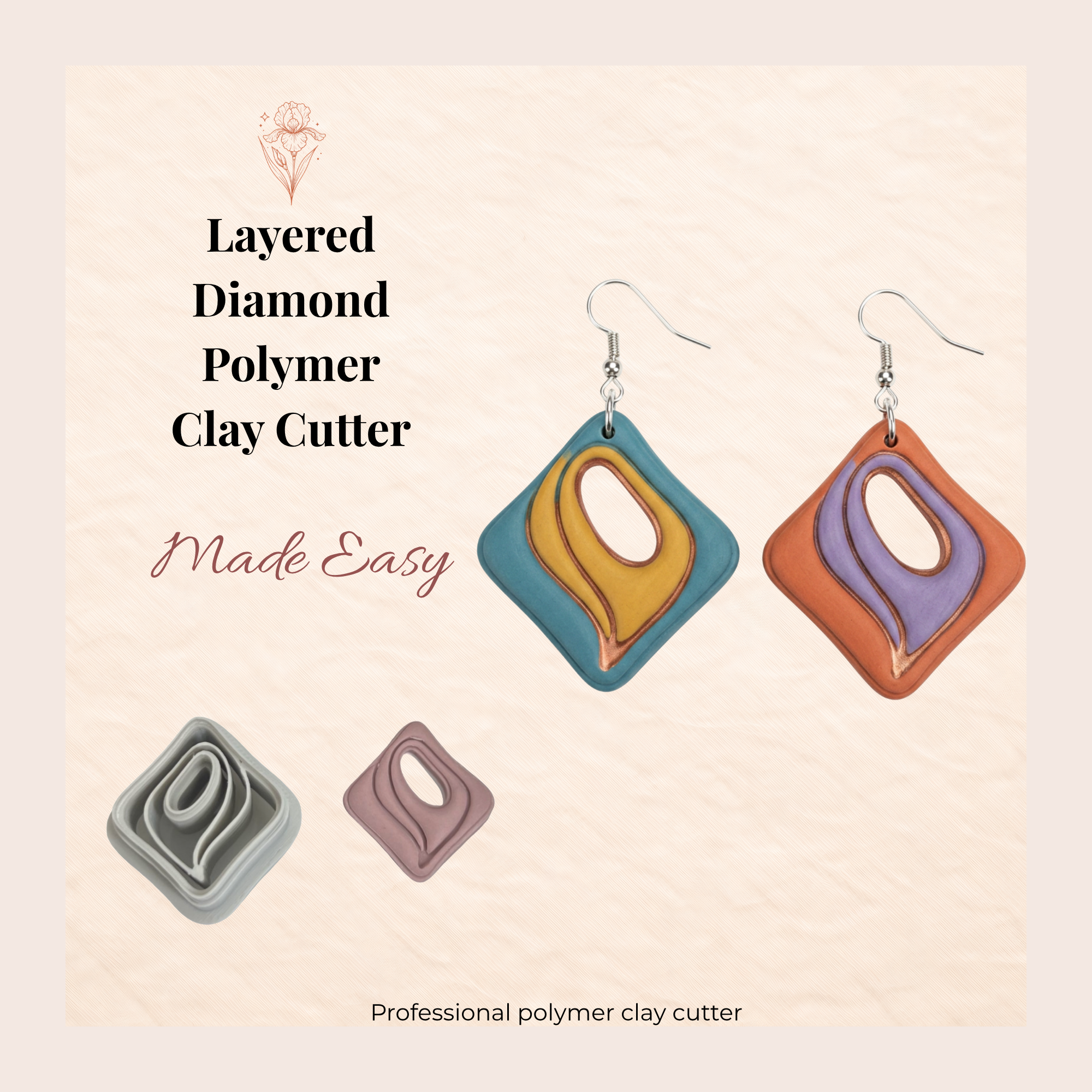 Layered Diamond Polymer Clay Cutter | 3D Printed Geometric Clay Earring Cutter | Diamond Shape Cutter for Clay Jewellery Making | Clay Earring Tool