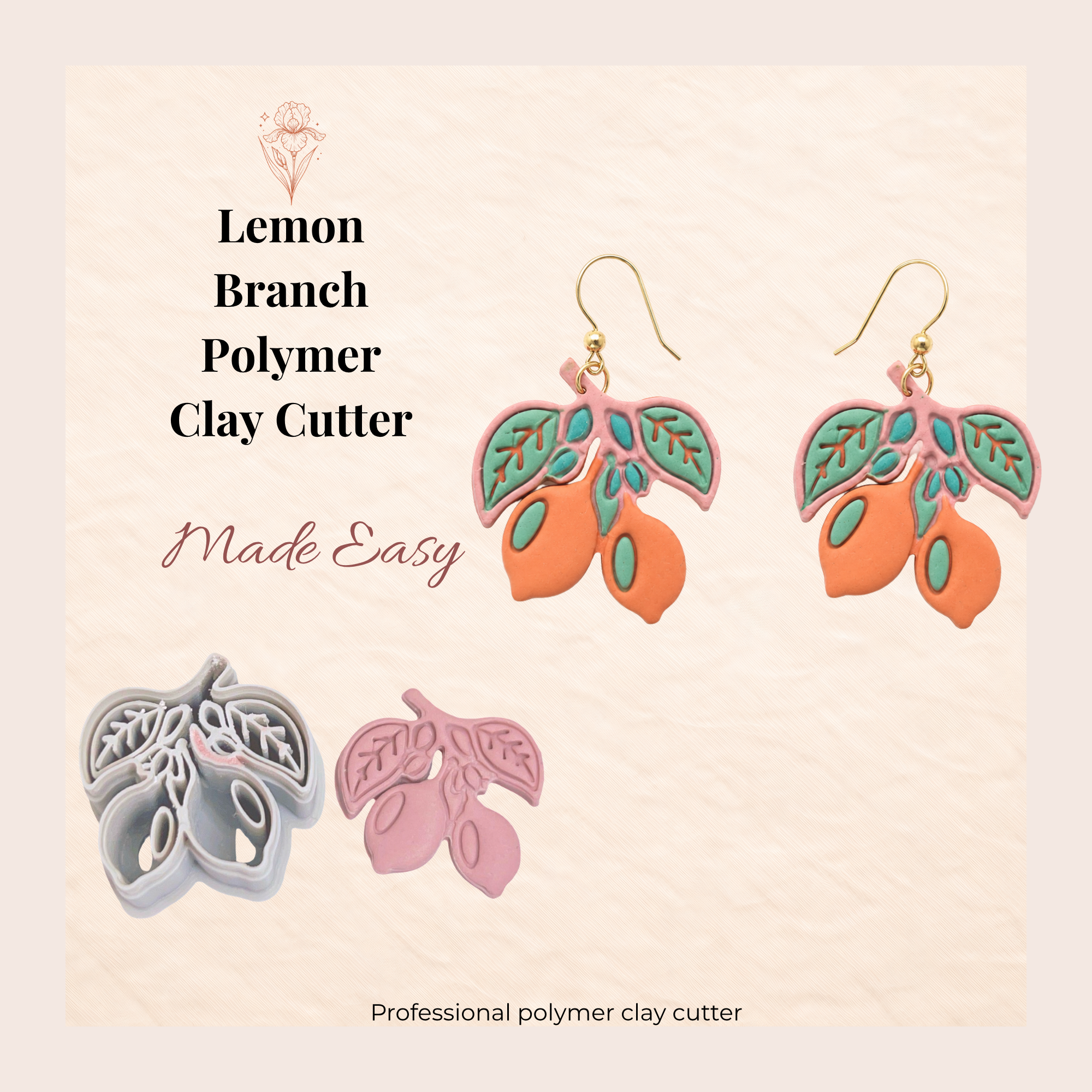 Lemon Branch Polymer Clay Cutter | 25–45mm | Citrus Sprig with Leaves Clay Cutter | Earring Jewellery Making Tool