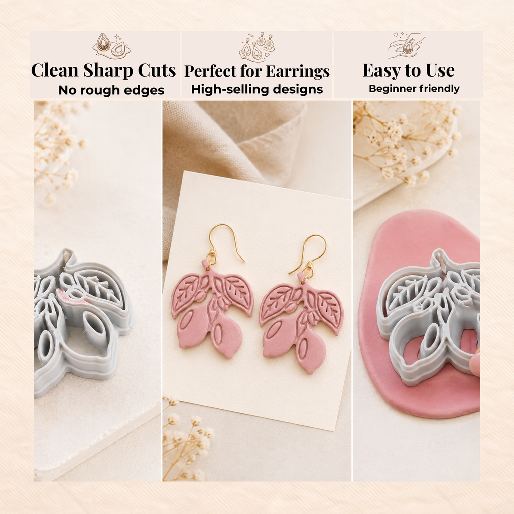 Lemon Branch Polymer Clay Cutter | 25–45mm | Citrus Sprig with Leaves Clay Cutter | Earring Jewellery Making Tool