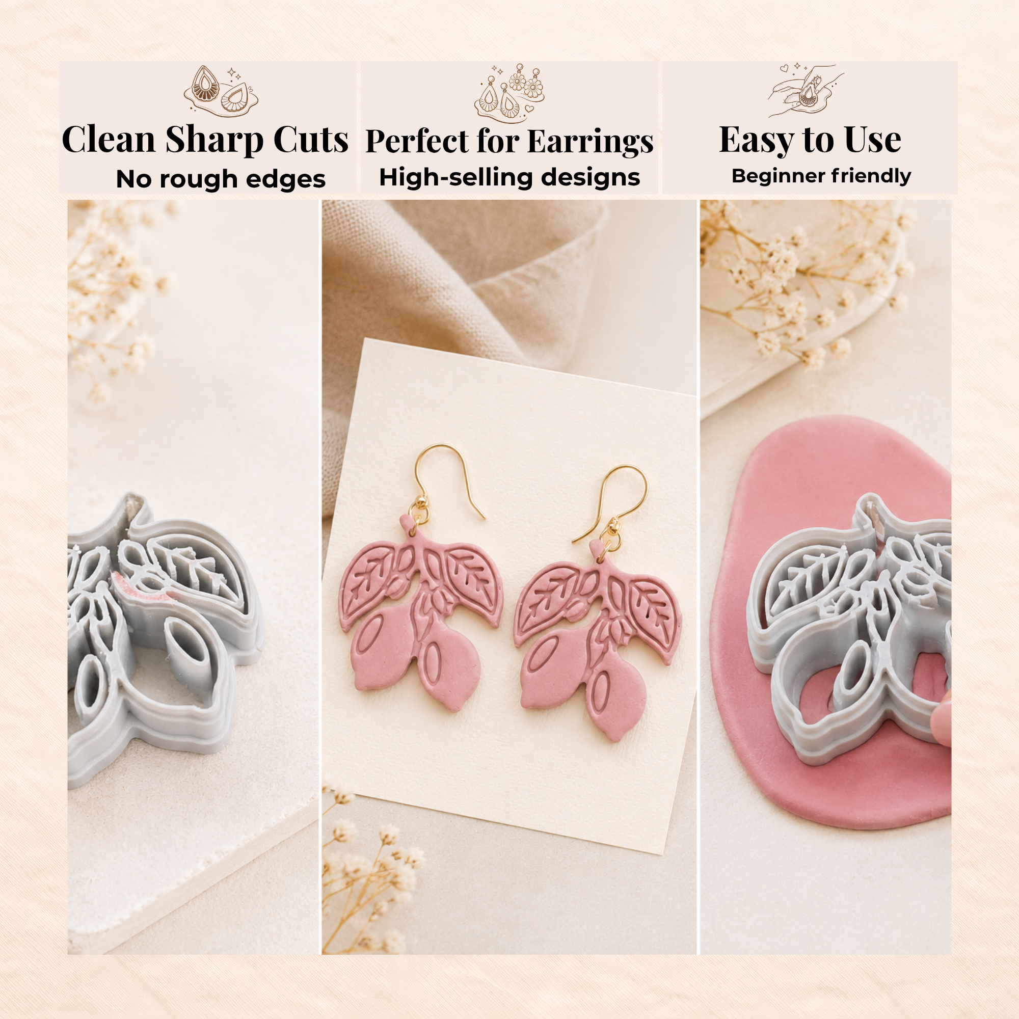 Lemon Branch Polymer Clay Cutter | 25–45mm | Citrus Sprig with Leaves Clay Cutter | Earring Jewellery Making Tool