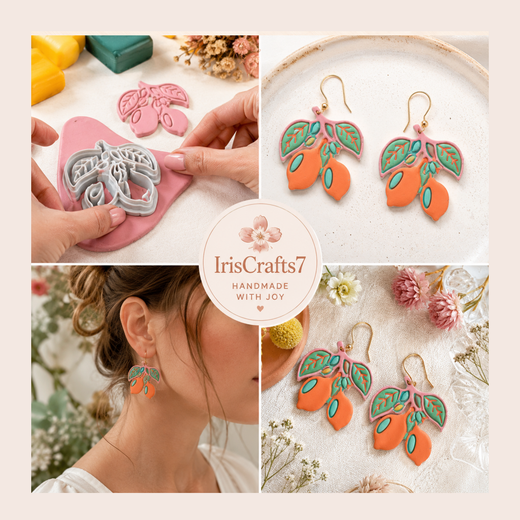 Lemon Branch Polymer Clay Cutter | 25–45mm | Citrus Sprig with Leaves Clay Cutter | Earring Jewellery Making Tool