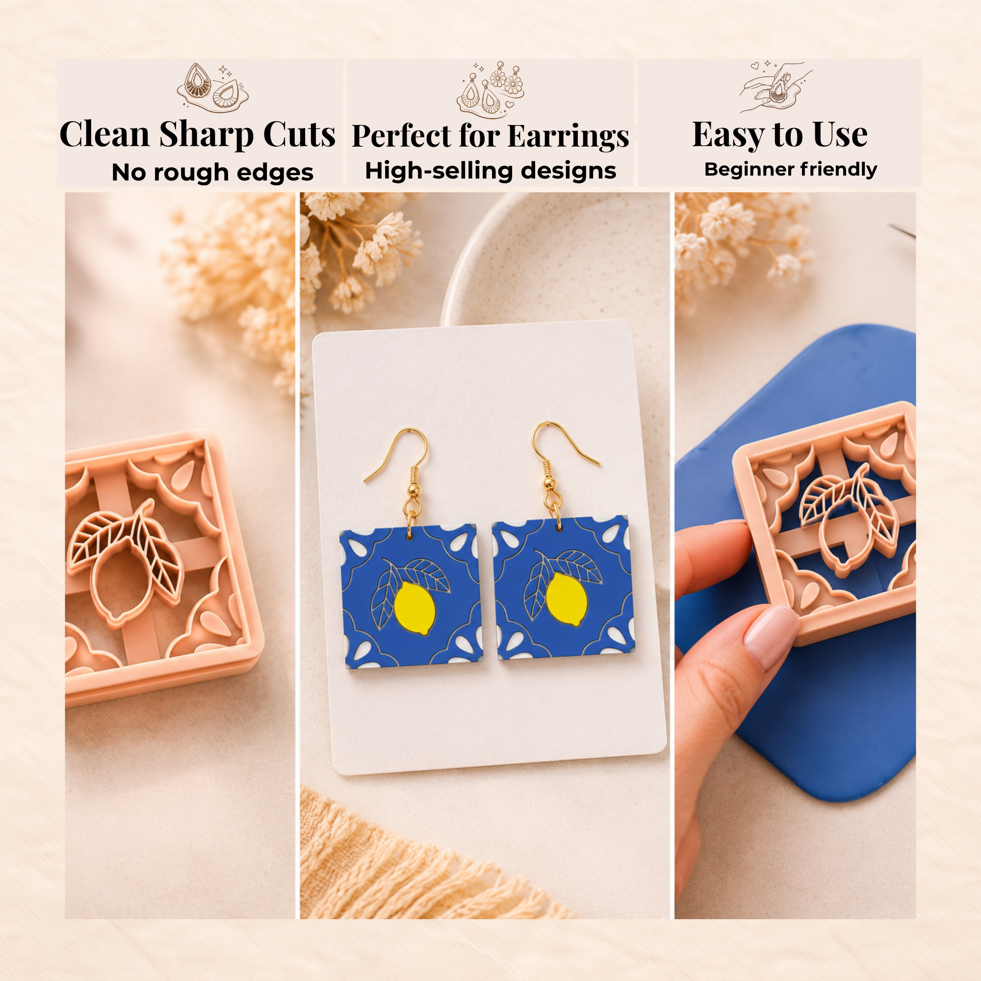 Lemon Tile Polymer Clay Cutter | 25–40mm | Lemon Tile Shape Clay Cutter | Earring Jewellery Making Tool