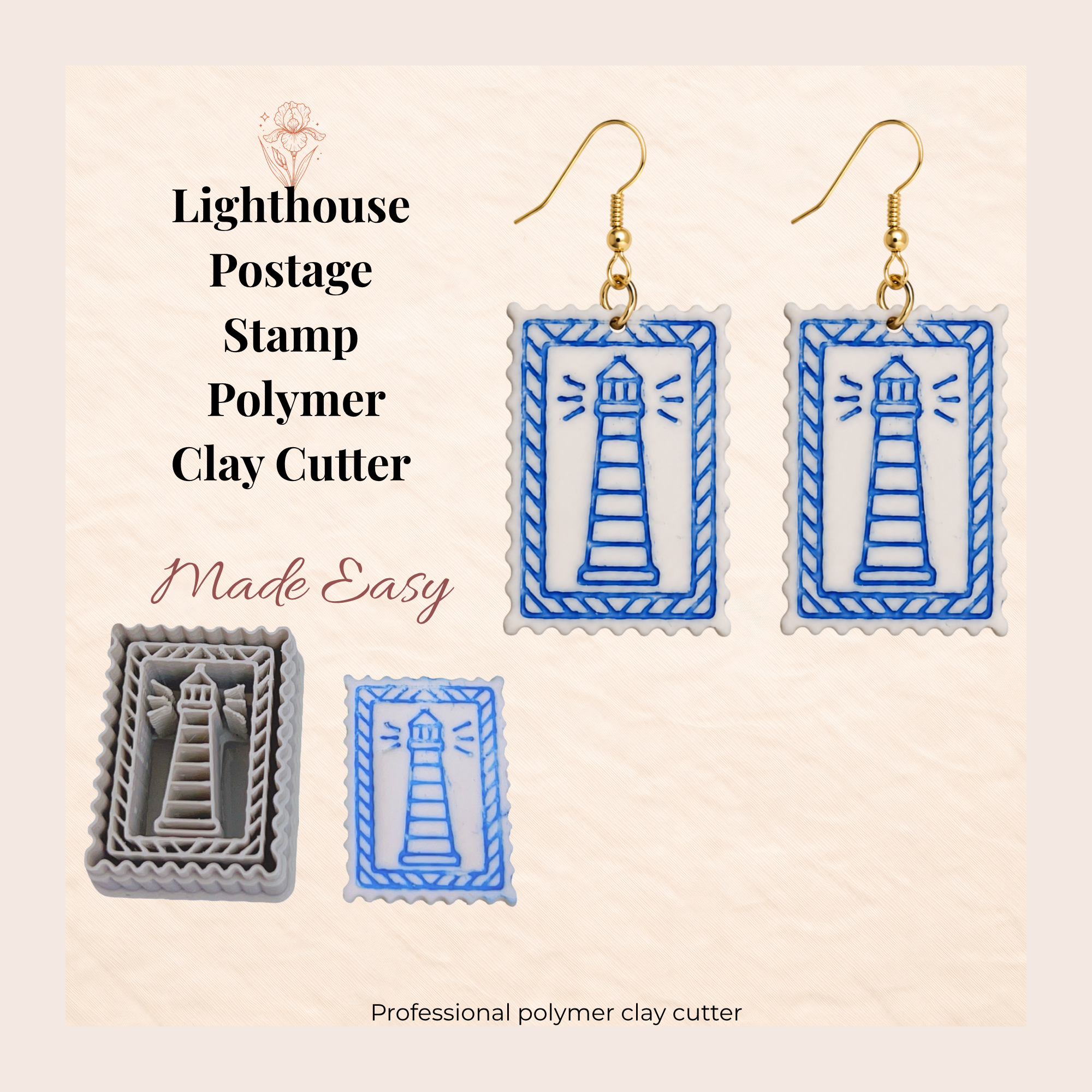 Lighthouse Postage Stamp Polymer Clay Cutter 30–50mm | Nautical Earring Cutter | IrisCrafts7