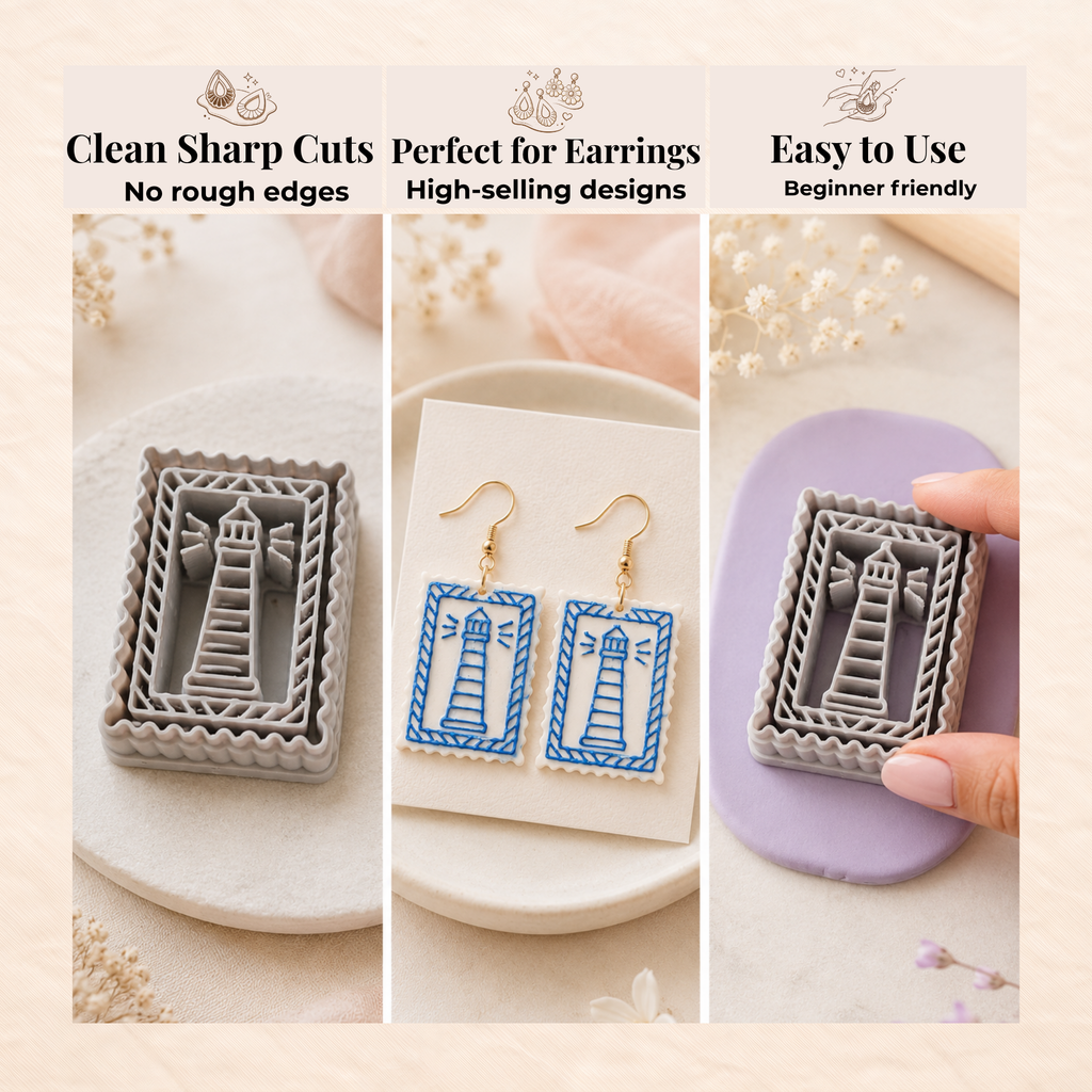 Lighthouse Postage Stamp Polymer Clay Cutter 30–50mm | Nautical Earring Cutter | IrisCrafts7