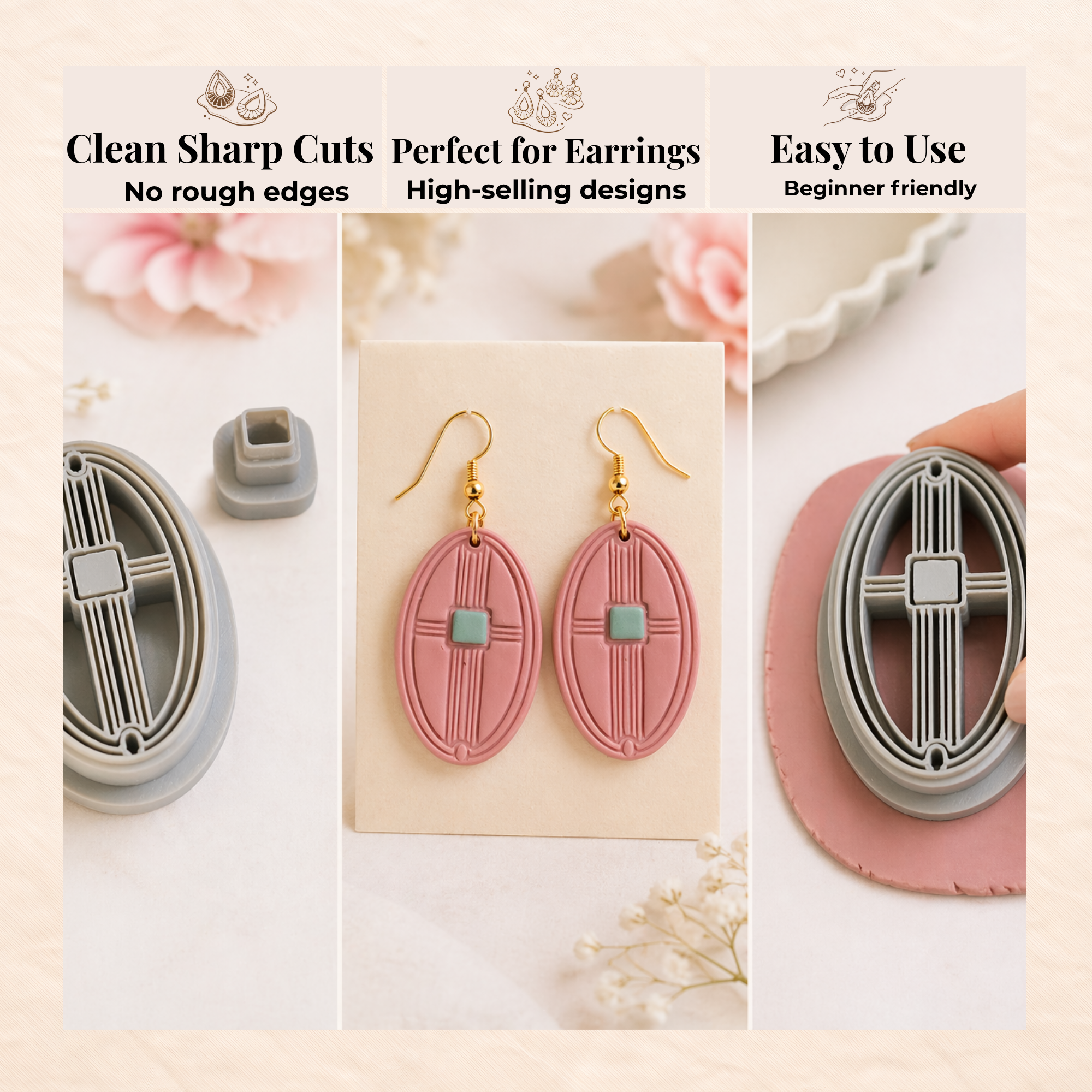 Linear Deco Oval Set Polymer Clay Cutter 30–50mm | Art Deco Earring Cutter | IrisCrafts7