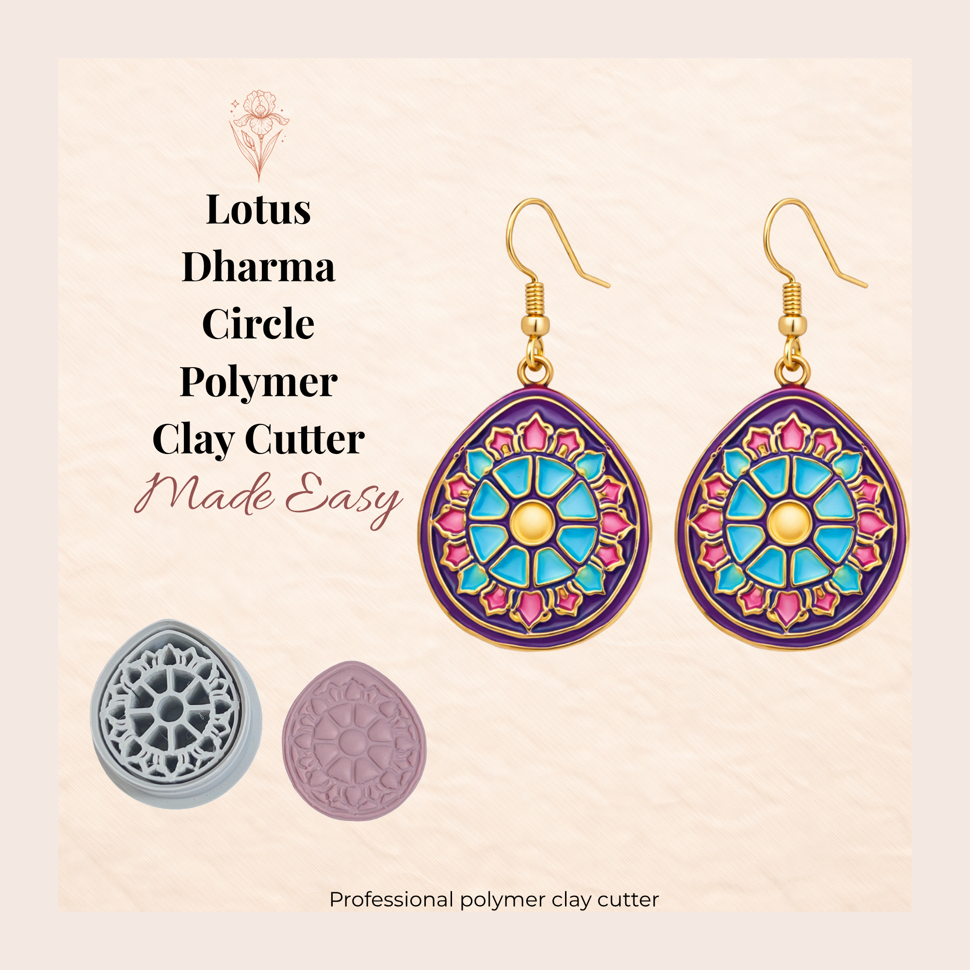 Lotus Dharma Circle Polymer Clay Cutter | 3D Printed Spiritual Clay Earring Cutter | Lotus Shape Cutter for Clay Jewellery Making | Clay Earring Tool