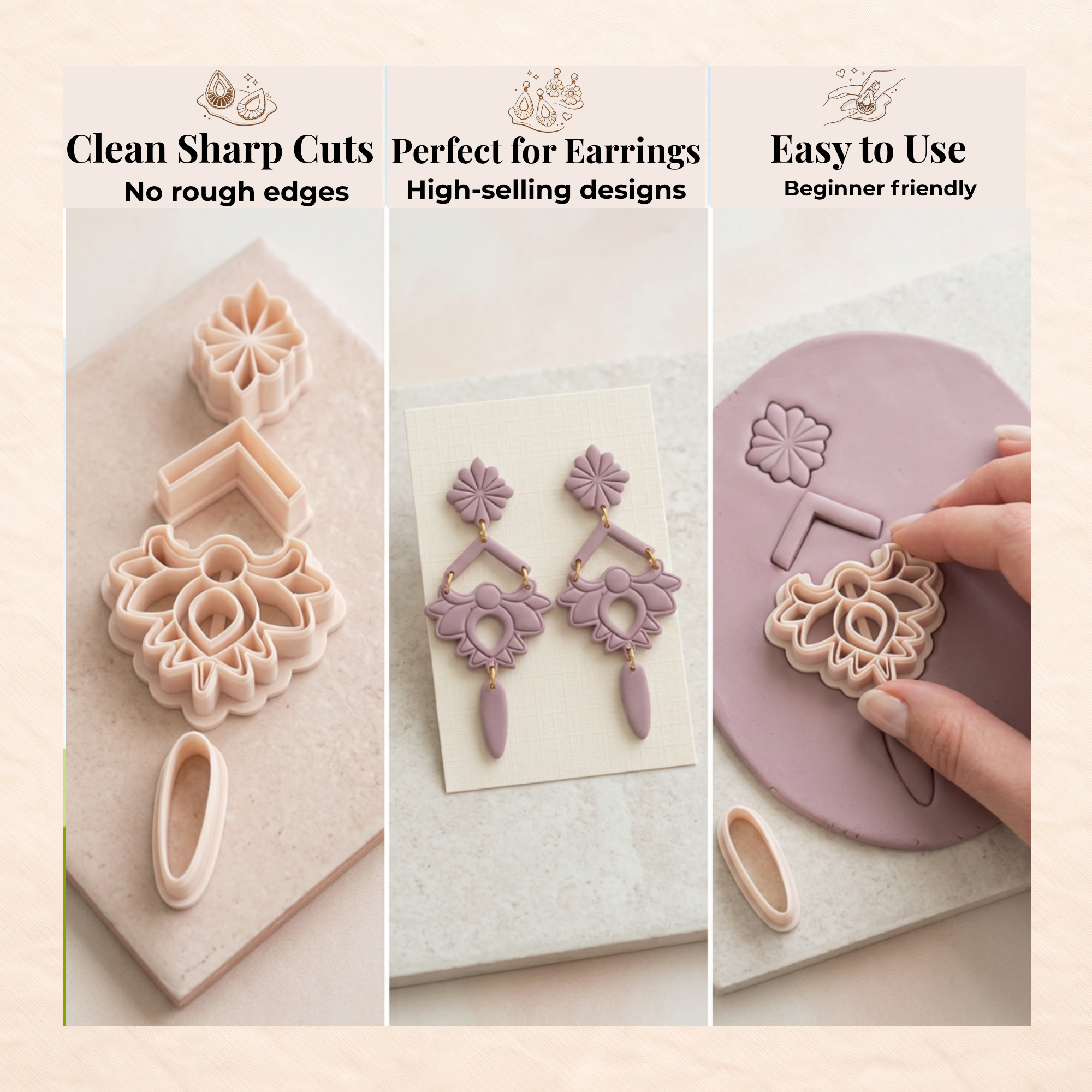 Lotus Flower Set of 4 Polymer Clay Cutters | 3D Printed Floral Clay Cutter Set | Lotus Shape Cutters for Clay Jewellery Making | Clay Earring Tools
