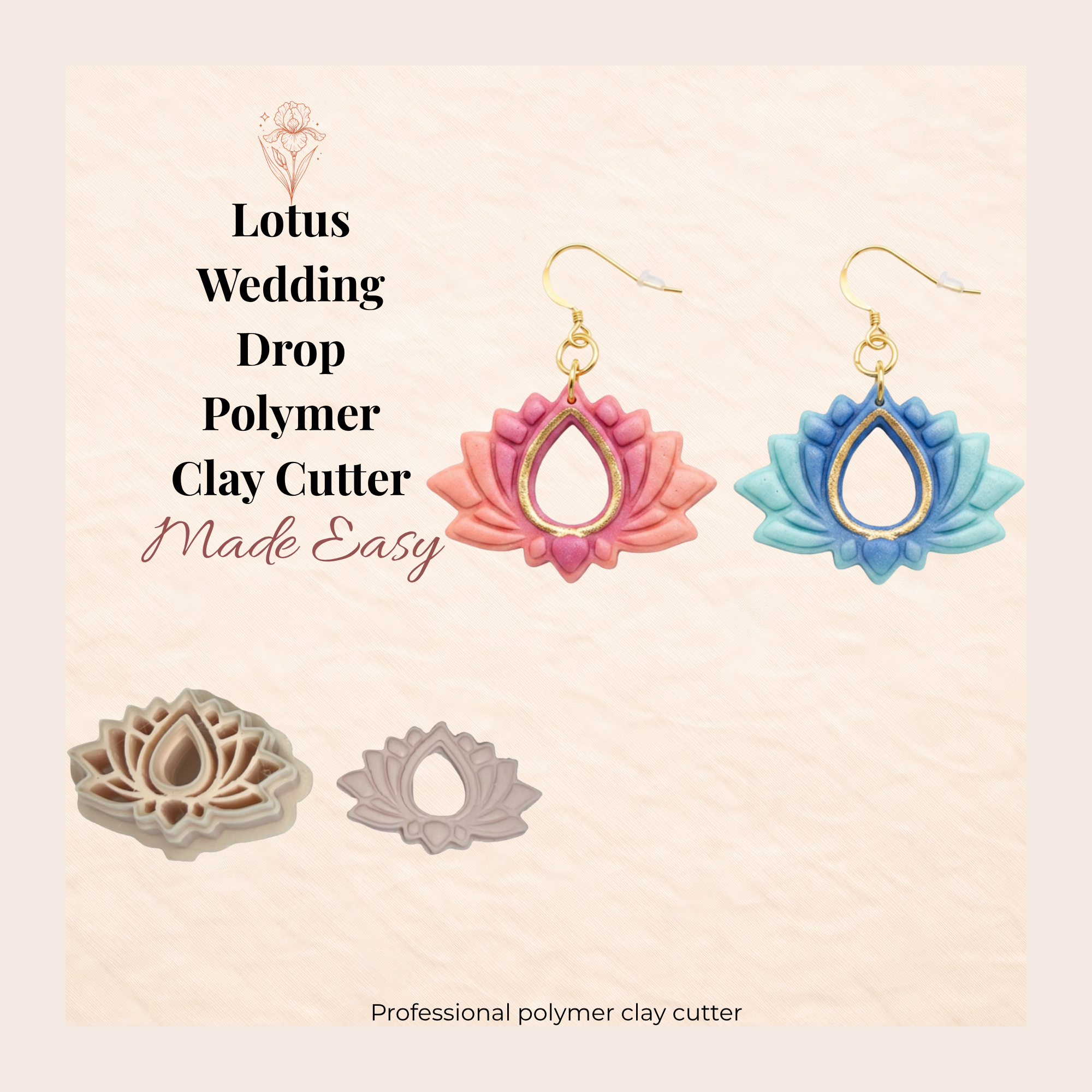 Lotus Wedding Drop Polymer Clay Cutter 30–50mm | Bridal Earring Cutter | IrisCrafts7