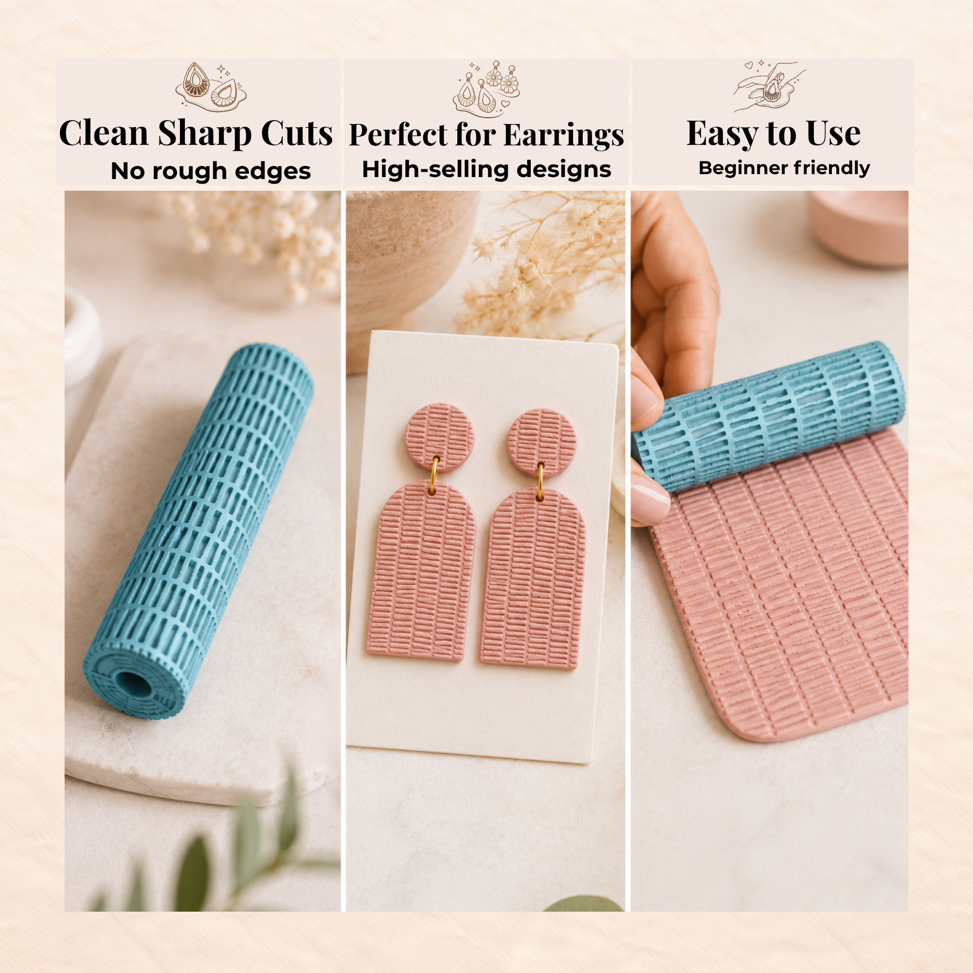 Matrix Texture Roller for Polymer Clay | 24x80mm | Geometric Clay Roller | Jewellery Making Tool