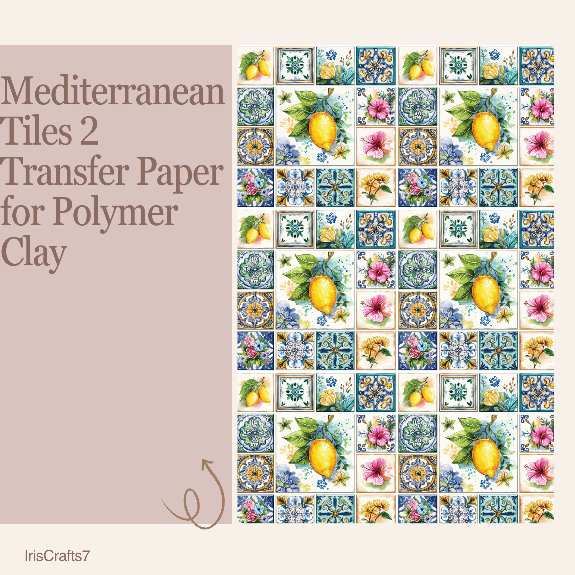 Mediterranean Tiles 2 Transfer Paper for Polymer Clay 150x100mm | Boho Clay Transfer | IrisCrafts7
