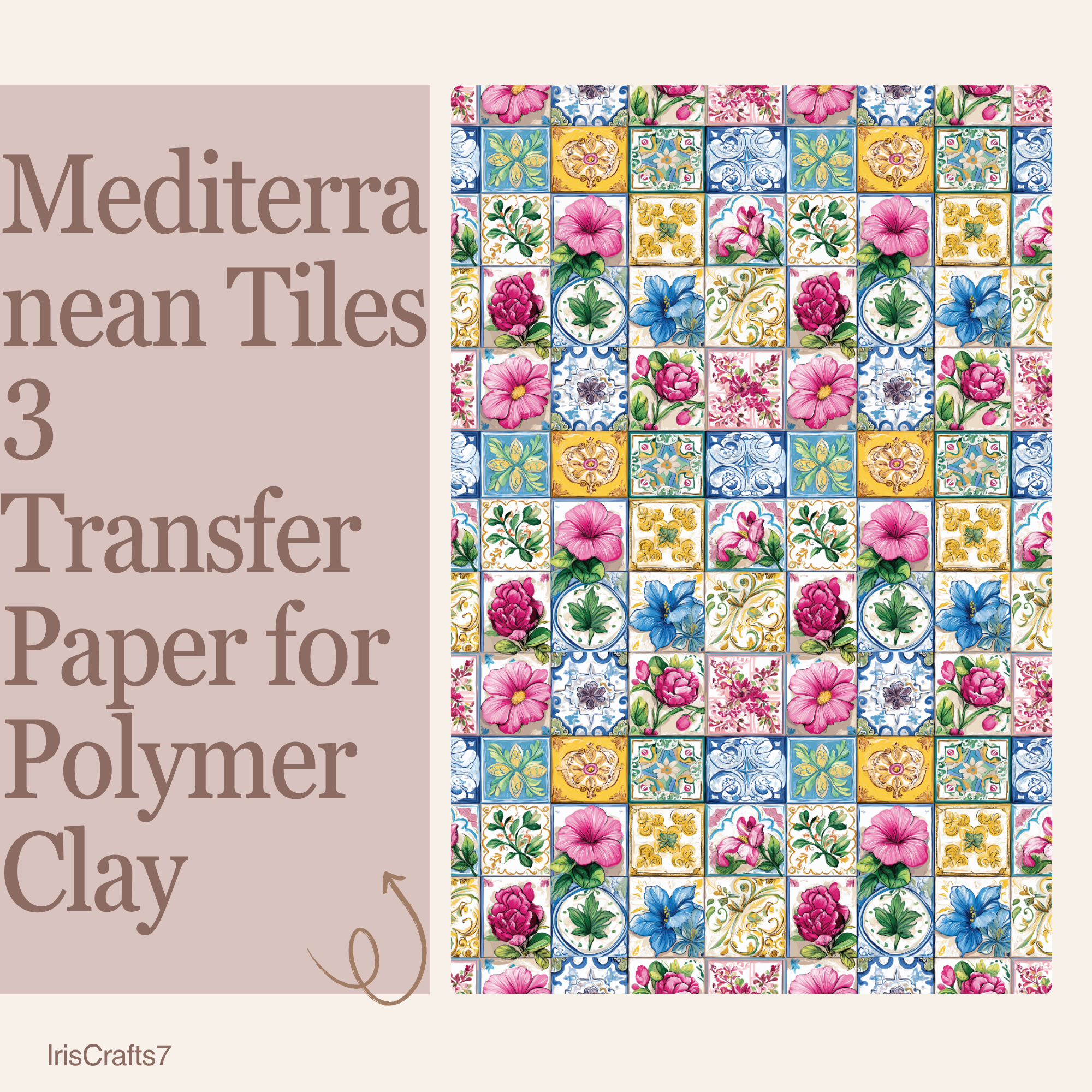 Mediterranean Tiles 3 Transfer Paper for Polymer Clay 150x100mm | Boho Clay Transfer | IrisCrafts7