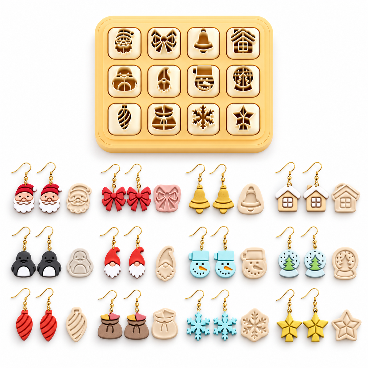 Mini Christmas 2 Set of 12 Polymer Clay Cutters | Tiny Festive Earring Tool | 12mm