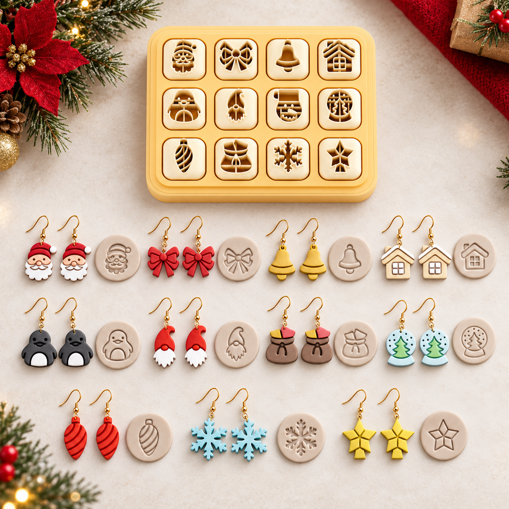 Mini Christmas 2 Set of 12 Polymer Clay Cutters | Tiny Festive Earring Tool | 12mm
