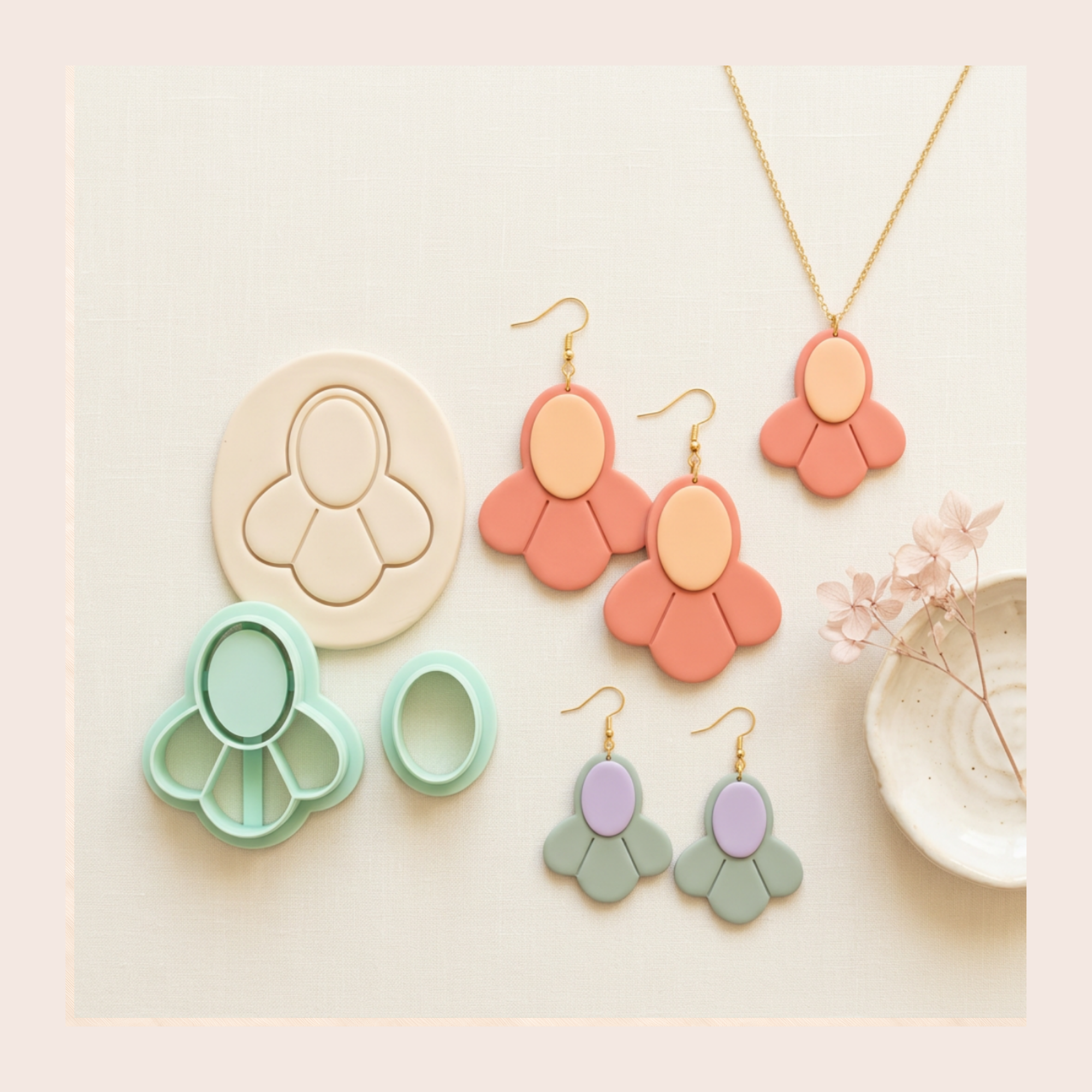 Misty Flora Polymer Clay Cutter Set | 3D Printed Floral Clay Earring Cutter | Boho Botanical Clay Tool | Jewellery Making Supplies