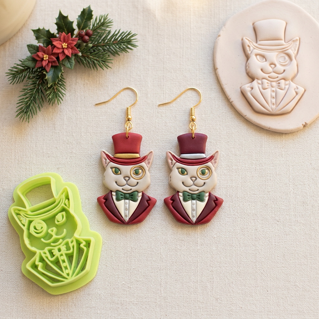 Monocled Cat with Top Hat Polymer Clay Cutter | Fancy Cat Earring Tool