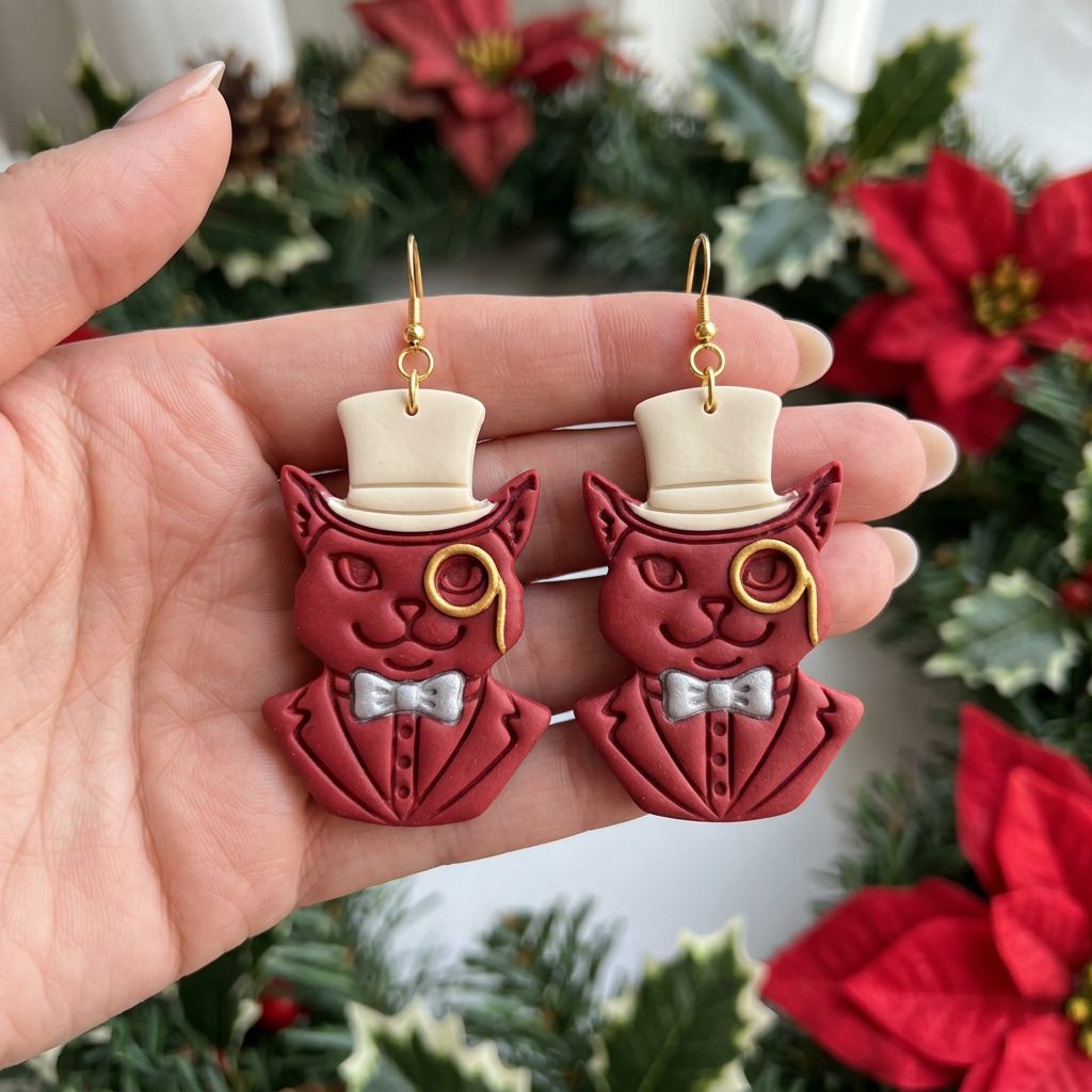 Monocled Cat with Top Hat Polymer Clay Cutter | Fancy Cat Earring Tool