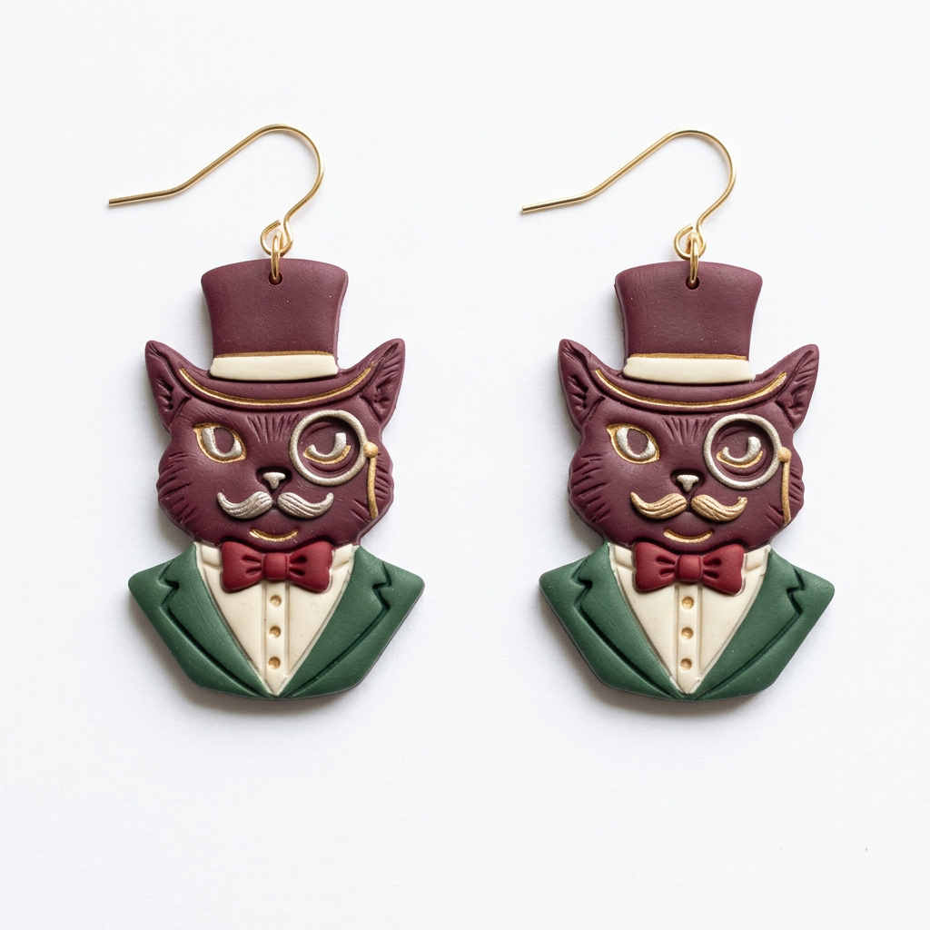 Monocled Cat with Top Hat Polymer Clay Cutter | Fancy Cat Earring Tool