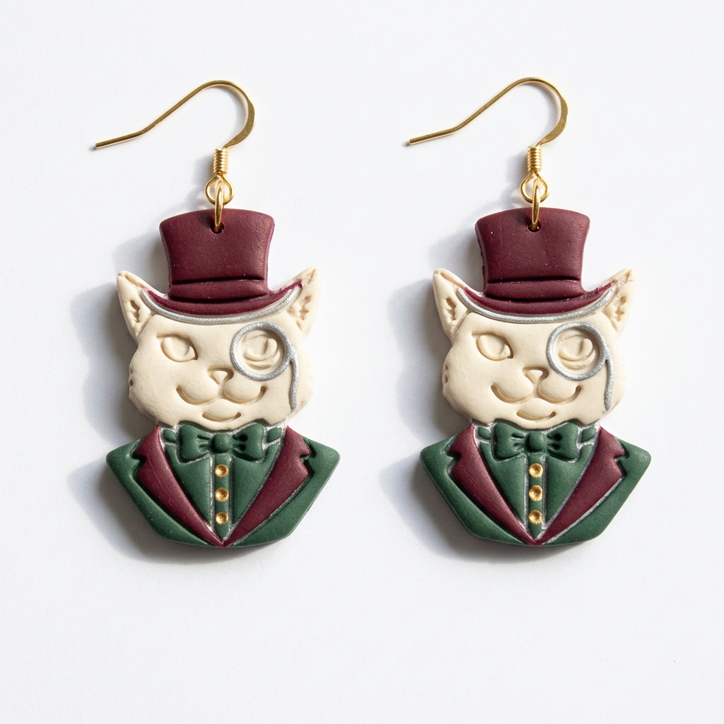 Monocled Cat with Top Hat Polymer Clay Cutter | Fancy Cat Earring Tool