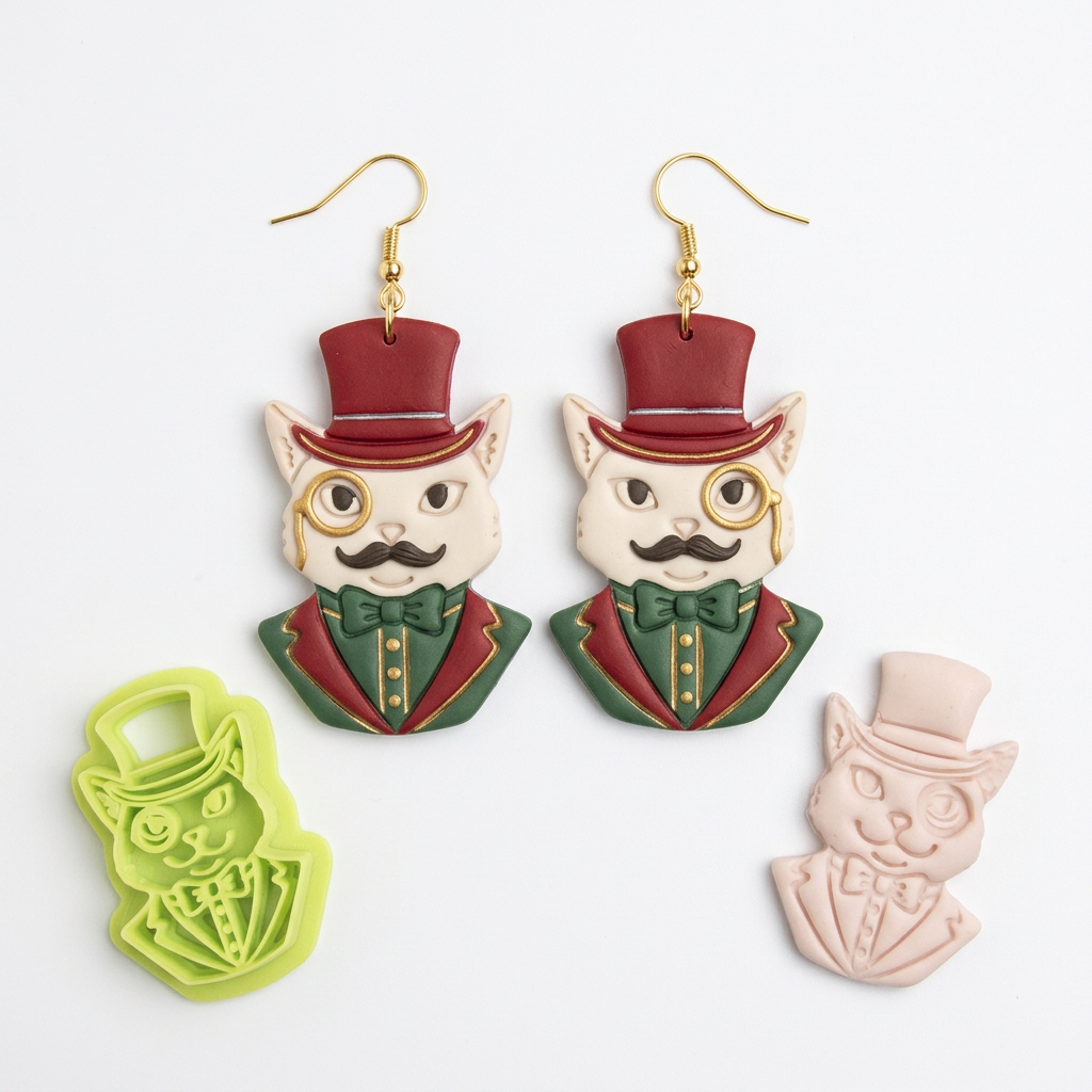 Monocled Cat with Top Hat Polymer Clay Cutter | Fancy Cat Earring Tool
