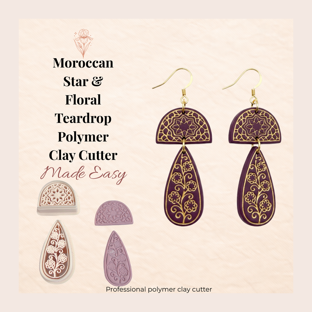 Moroccan Star & Floral Teardrop Polymer Clay Cutter 35–50mm | Boho Earring Cutter | IrisCrafts7