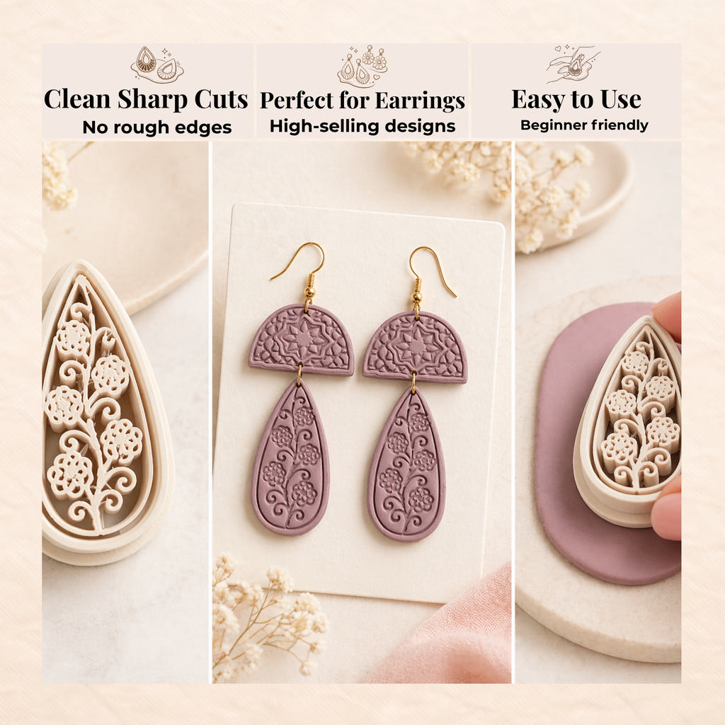 Moroccan Star & Floral Teardrop Polymer Clay Cutter 35–50mm | Boho Earring Cutter | IrisCrafts7