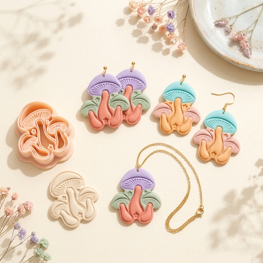 Mushroom Cluster Polymer Clay Cutter | 25–45mm | Mushroom Shape Clay Cutter | Earring Jewellery Making Tool