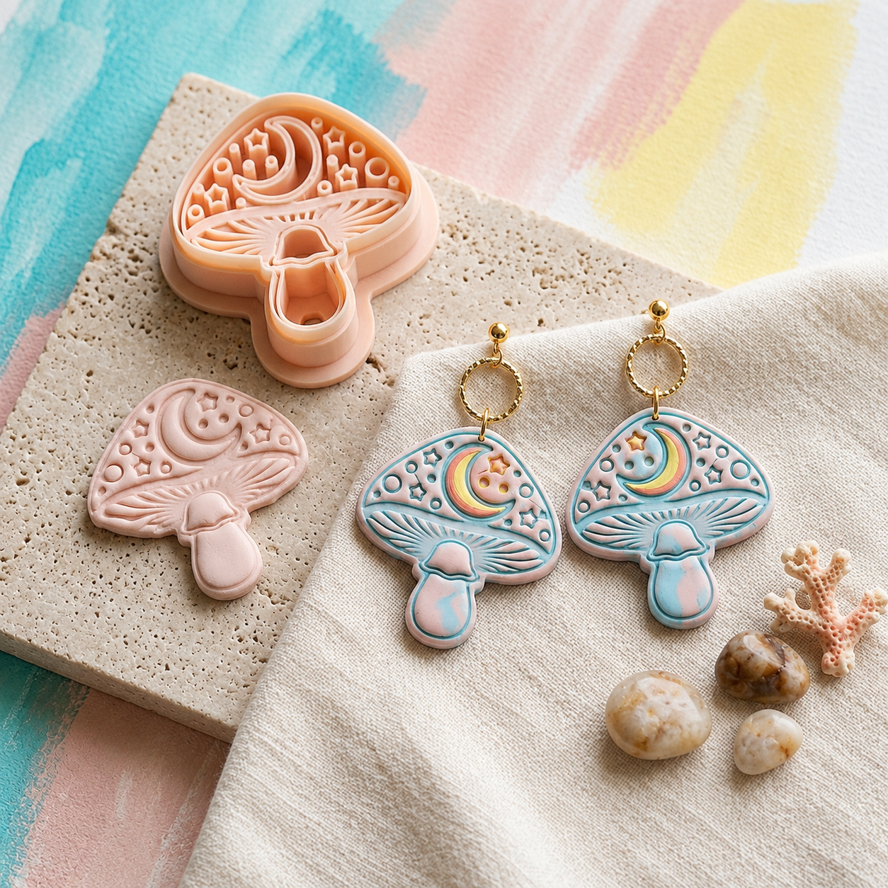 Mushroom with Moon Polymer Clay Cutter | 25–45mm | Mushroom Moon Shape Clay Cutter | Earring Jewellery Making Tool