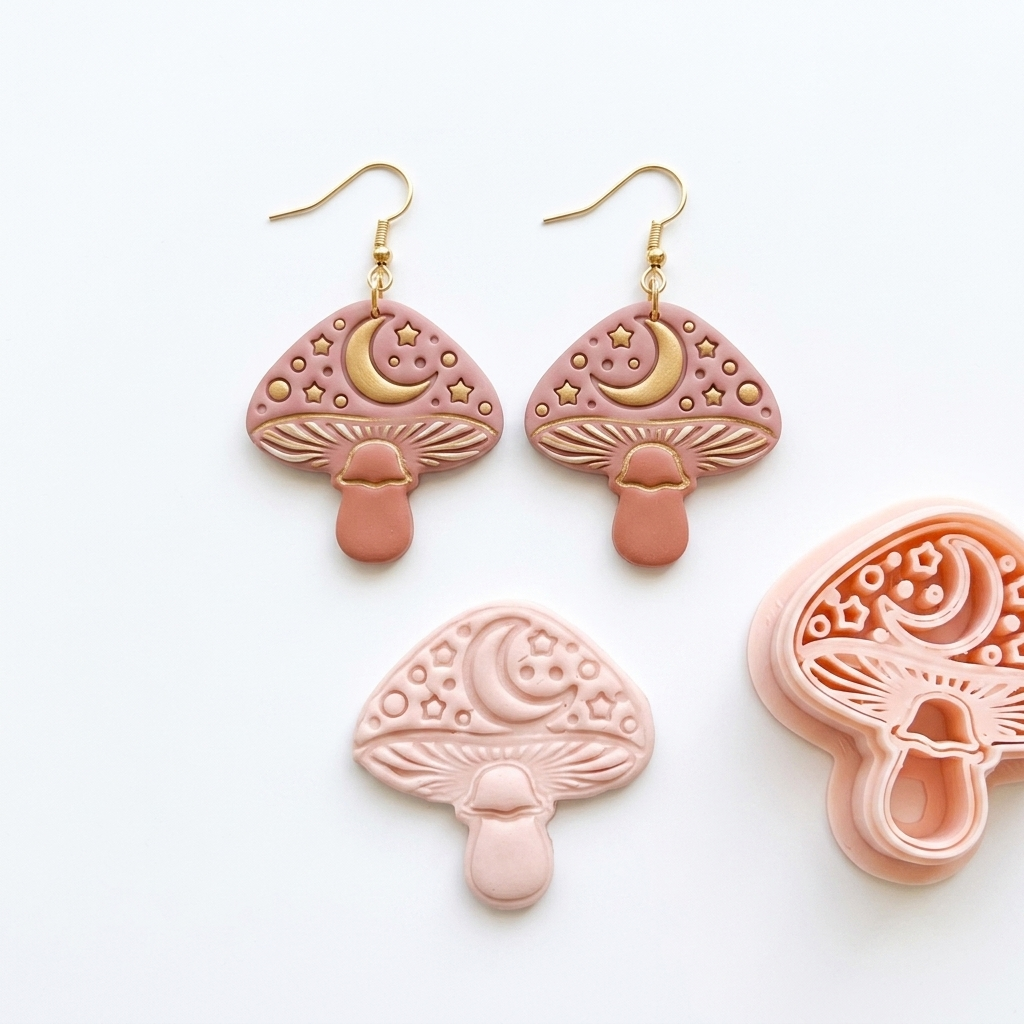 Mushroom with Moon Polymer Clay Cutter | 25–45mm | Mushroom Moon Shape Clay Cutter | Earring Jewellery Making Tool