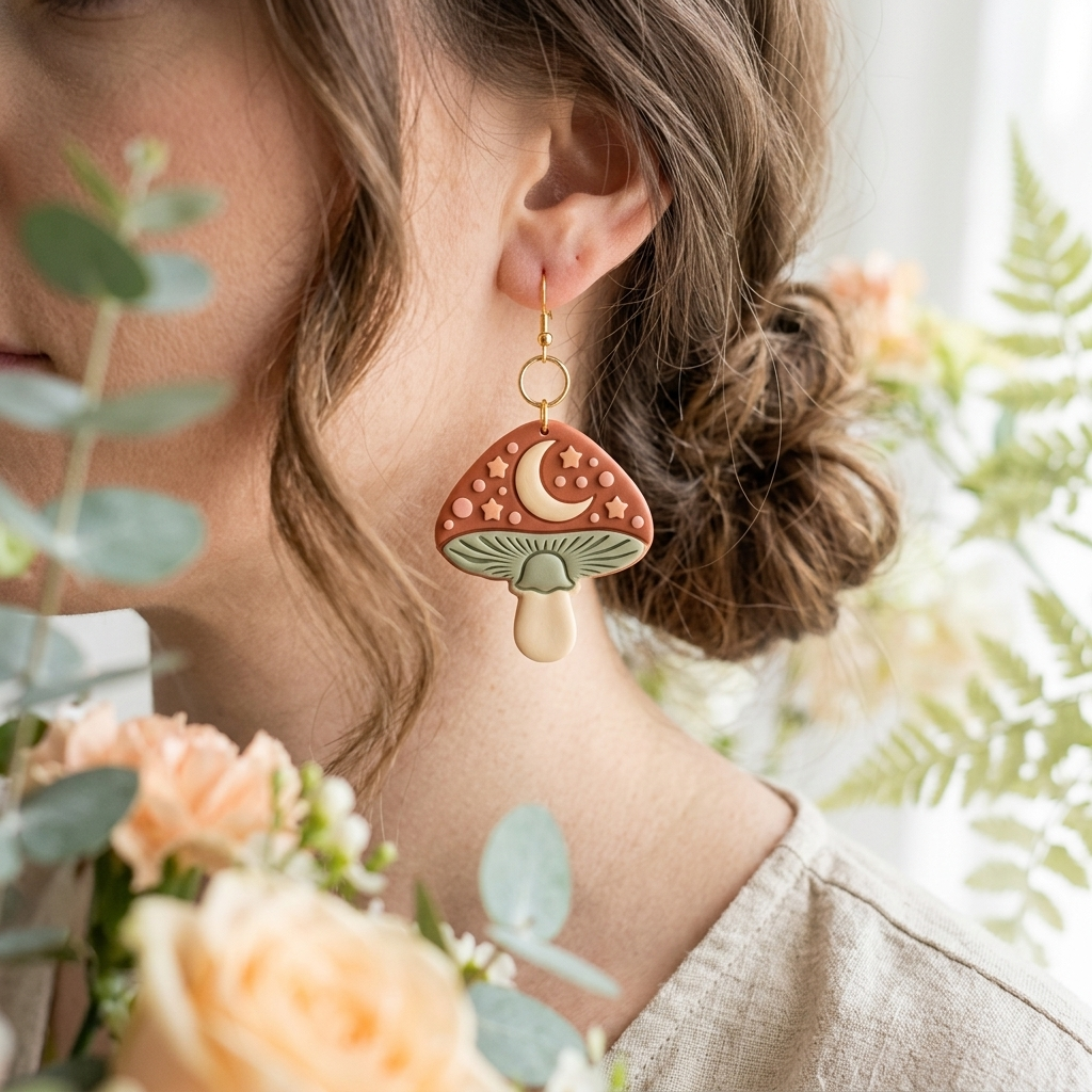 Mushroom with Moon Polymer Clay Cutter | 25–45mm | Mushroom Moon Shape Clay Cutter | Earring Jewellery Making Tool