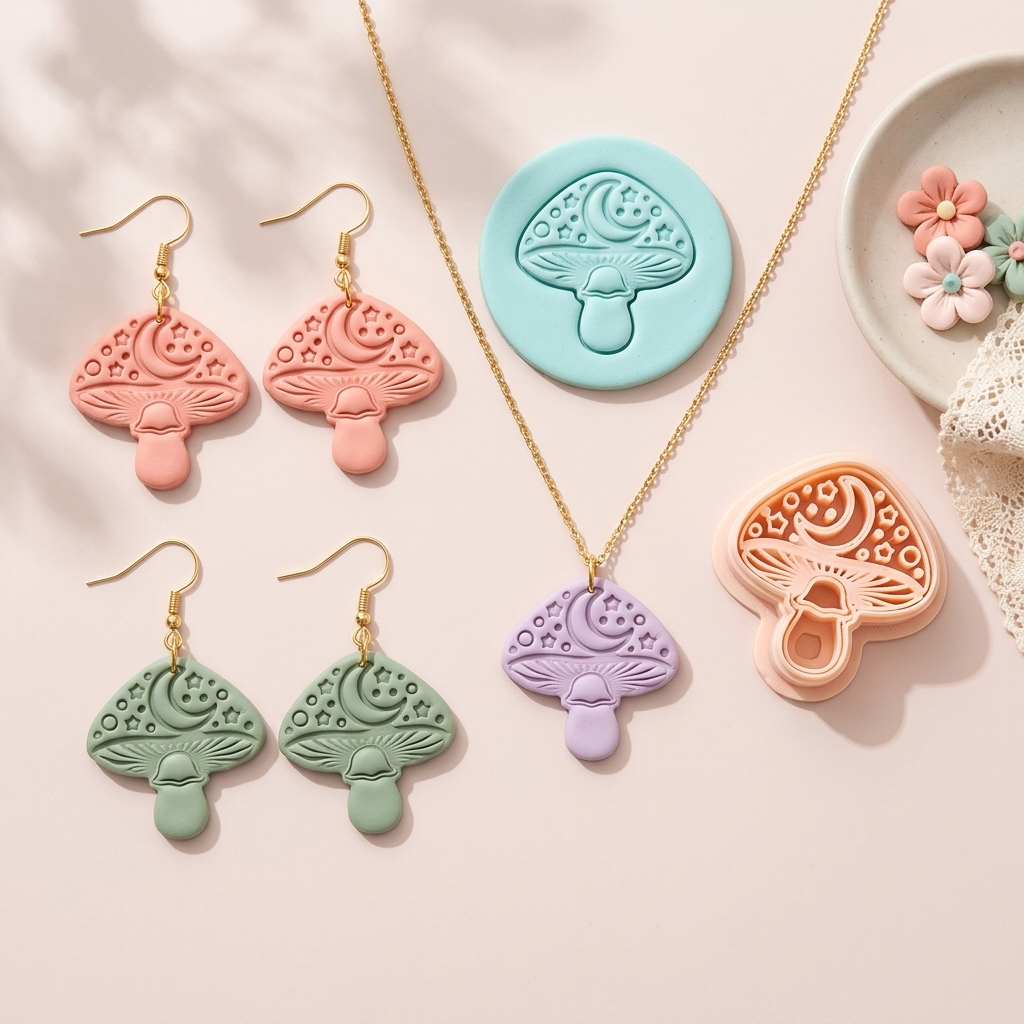 Mushroom with Moon Polymer Clay Cutter | 25–45mm | Mushroom Moon Shape Clay Cutter | Earring Jewellery Making Tool