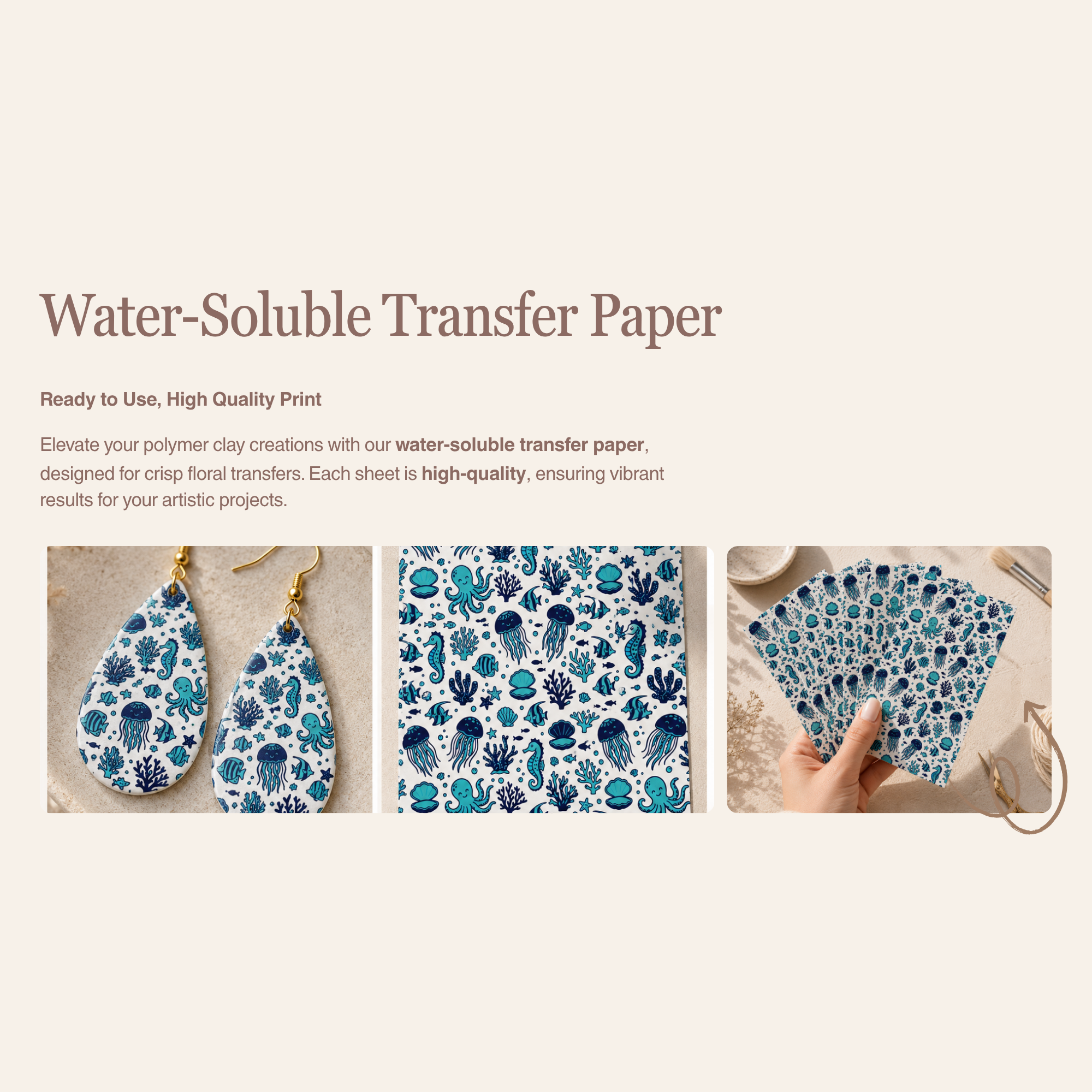 Ocean 2 Water Soluble Transfer Paper for Polymer Clay | 100x150mm | Ocean Wave Pattern | Earring Jewellery Craft Supply