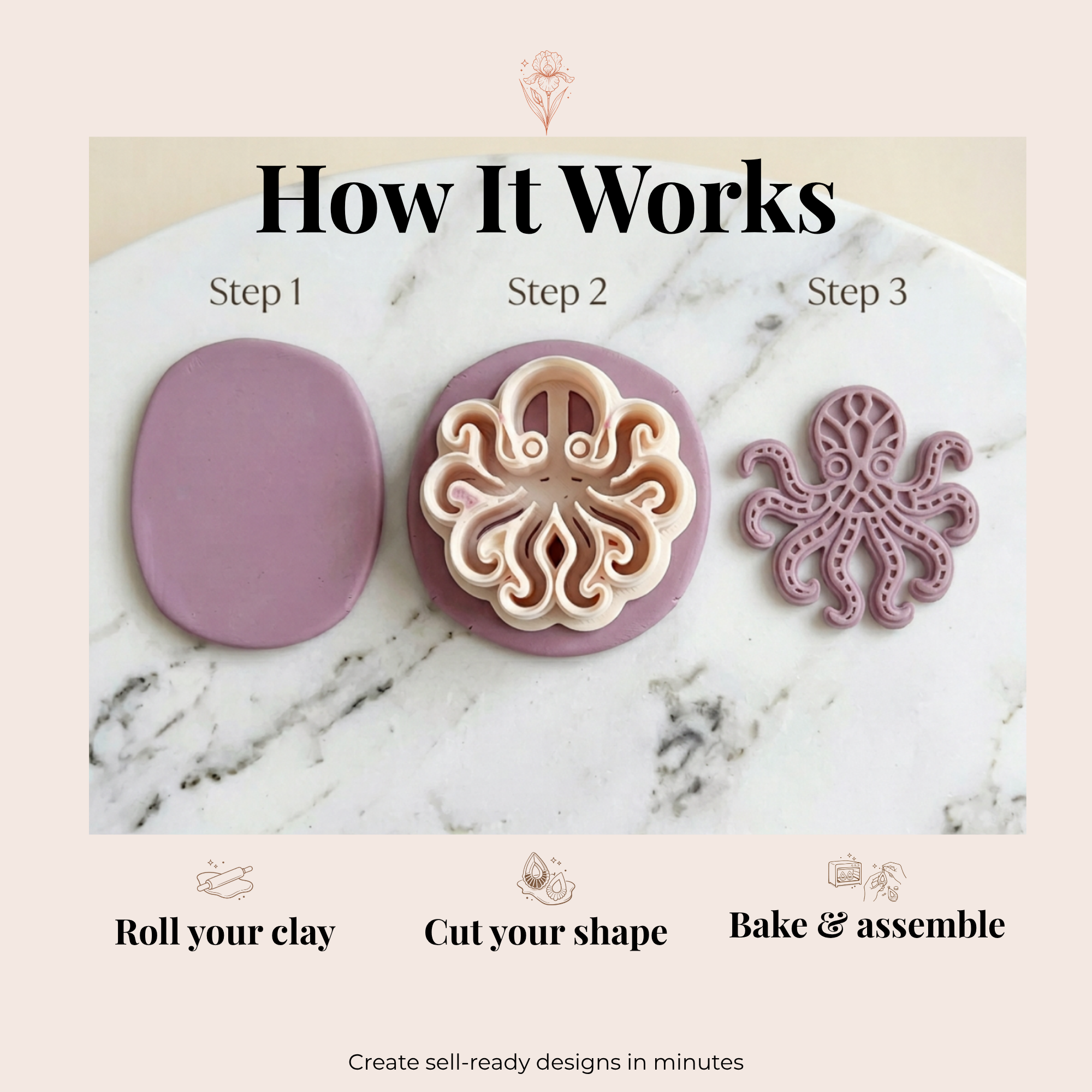 Octopus 2 Polymer Clay Cutter 35-55mm | Ocean Jewellery Making | IrisCrafts7