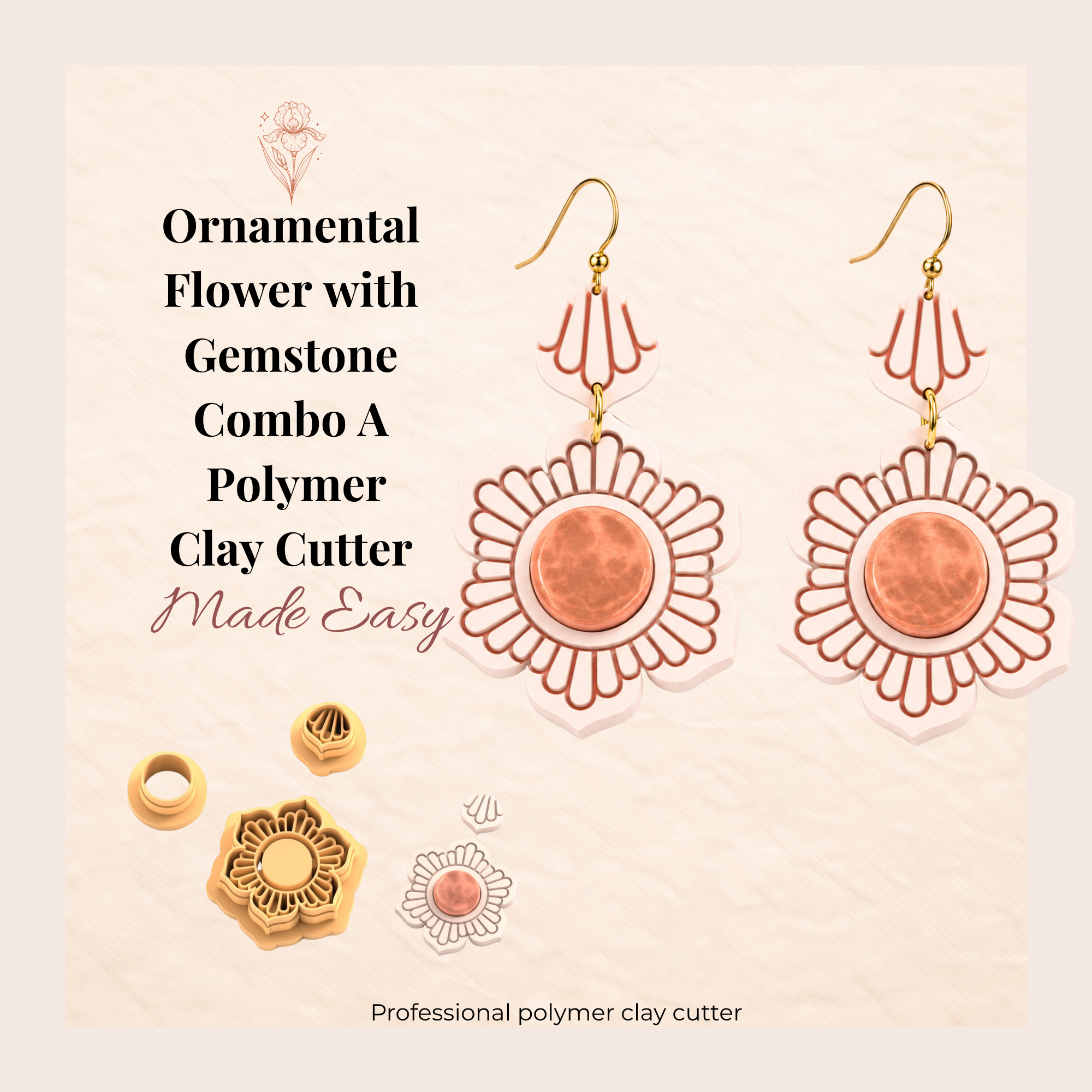 Ornamental Flower with Gemstone Combo A Polymer Clay Cutter | 30–50mm | Floral Gemstone Clay Cutter Set | Earring Jewellery Making Tool
