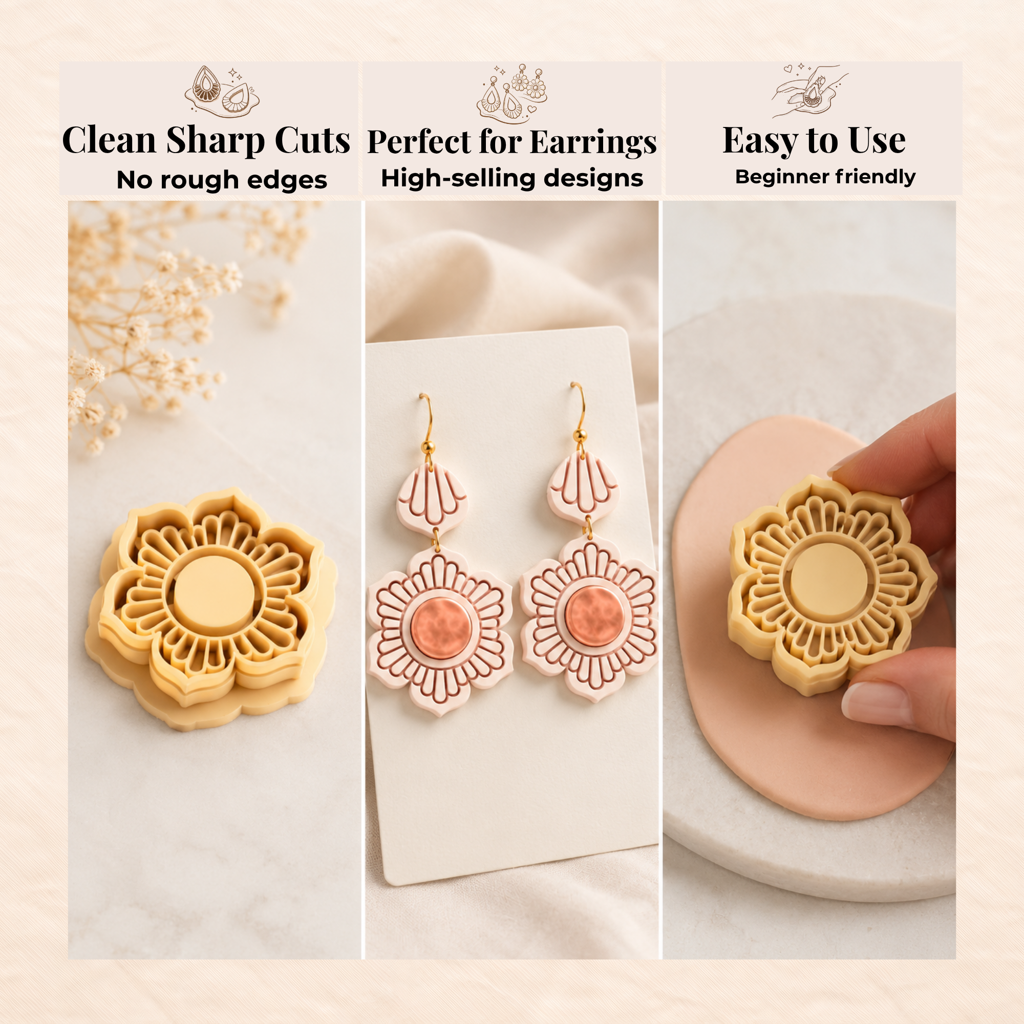 Ornamental Flower with Gemstone Combo A Polymer Clay Cutter | 30–50mm | Floral Gemstone Clay Cutter Set | Earring Jewellery Making Tool