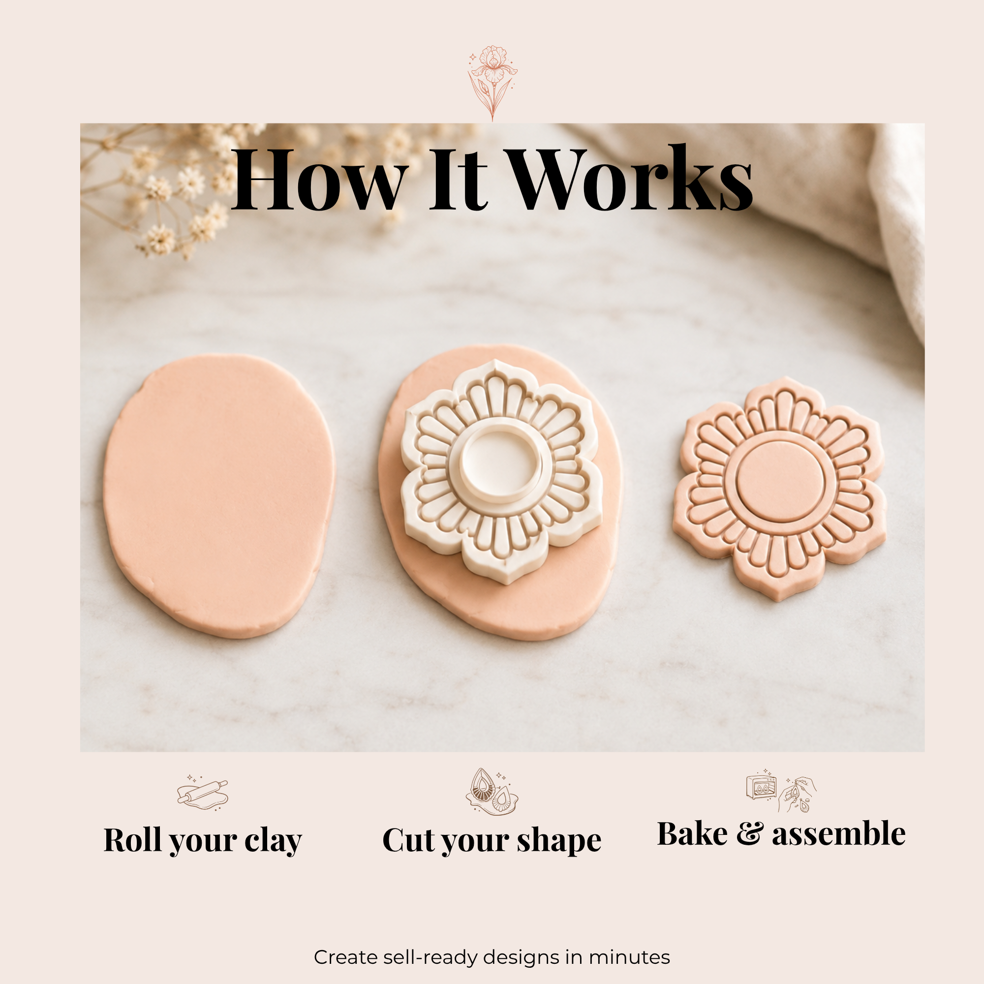 Ornamental Flower with Gemstone Combo A Polymer Clay Cutter | 30–50mm | Floral Gemstone Clay Cutter Set | Earring Jewellery Making Tool