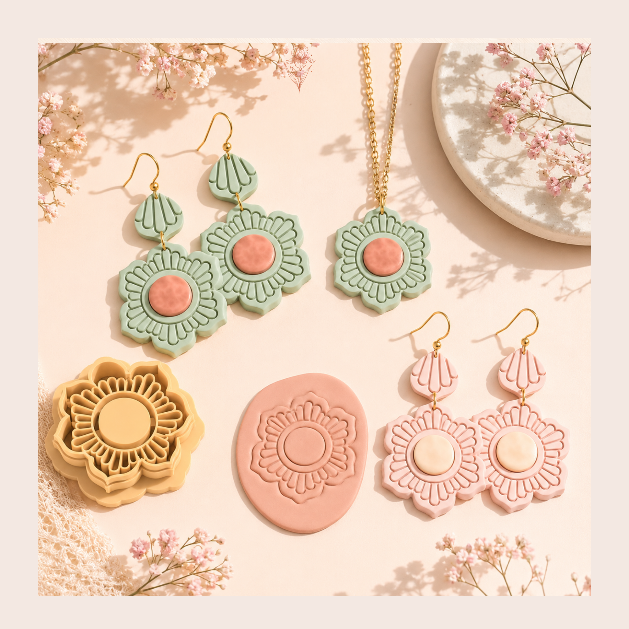 Ornamental Flower with Gemstone Combo A Polymer Clay Cutter | 30–50mm | Floral Gemstone Clay Cutter Set | Earring Jewellery Making Tool