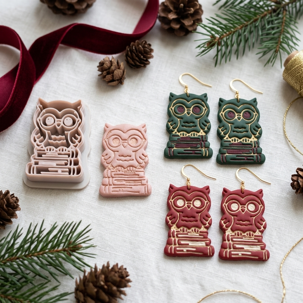 Owl Scholar on Stacked Books Polymer Clay Cutter | Bookish Earring Tool