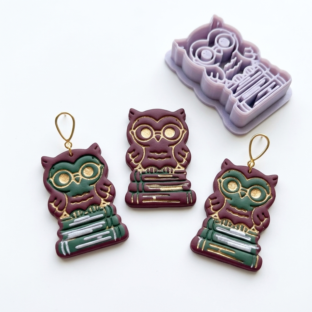 Owl Scholar on Stacked Books Polymer Clay Cutter | Bookish Earring Tool