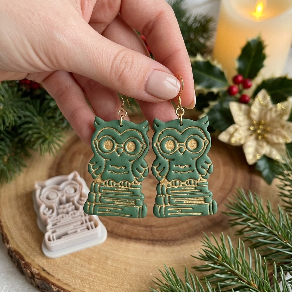 Owl Scholar on Stacked Books Polymer Clay Cutter | Bookish Earring Tool