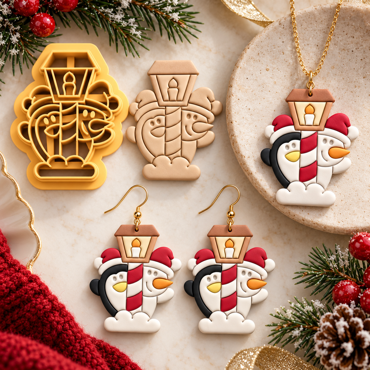 Penguin and Snowman by the Lamppost Polymer Clay Cutter | Winter Earring Tool
