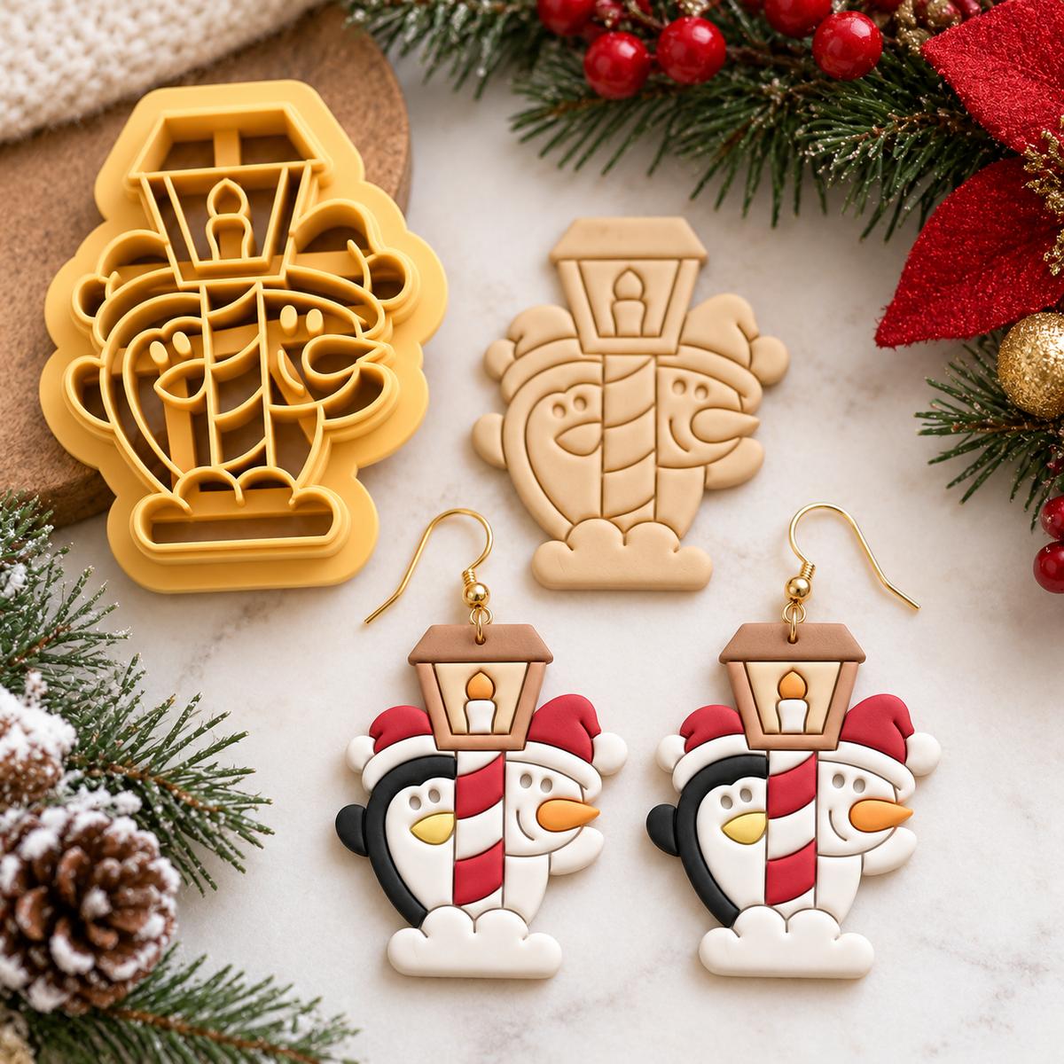 Penguin and Snowman by the Lamppost Polymer Clay Cutter | Winter Earring Tool