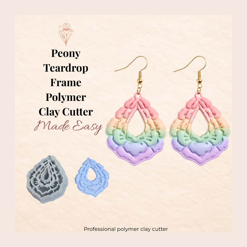 Peony Teardrop Frame Polymer Clay Cutter | 3D Printed Floral Clay Earring Cutter | Teardrop Shape Cutter for Clay Jewellery Making | Clay Earring Tool