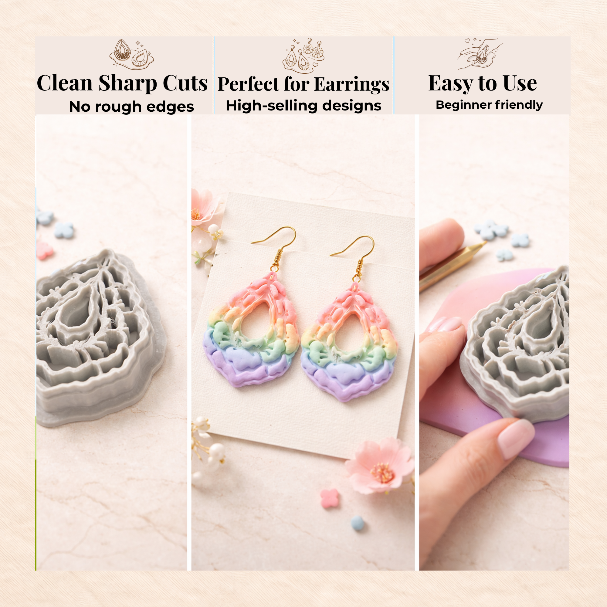 Peony Teardrop Frame Polymer Clay Cutter | 3D Printed Floral Clay Earring Cutter | Teardrop Shape Cutter for Clay Jewellery Making | Clay Earring Tool