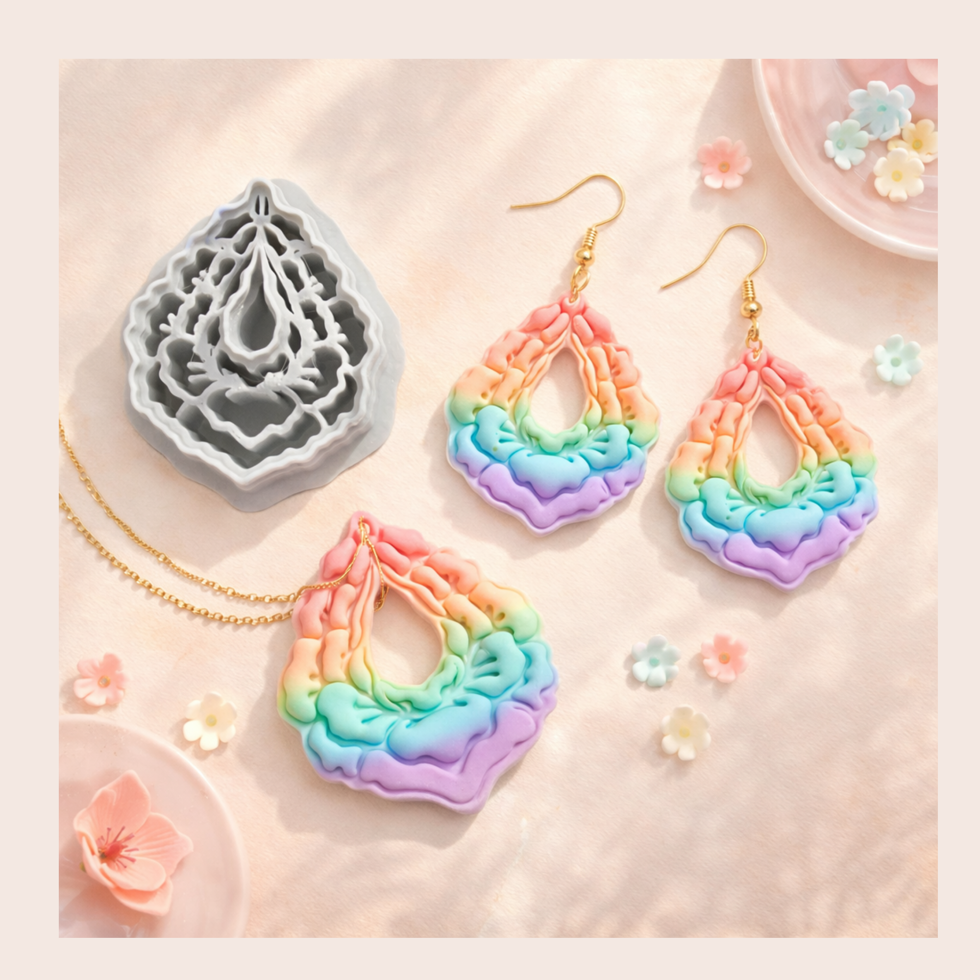 Peony Teardrop Frame Polymer Clay Cutter | 3D Printed Floral Clay Earring Cutter | Teardrop Shape Cutter for Clay Jewellery Making | Clay Earring Tool