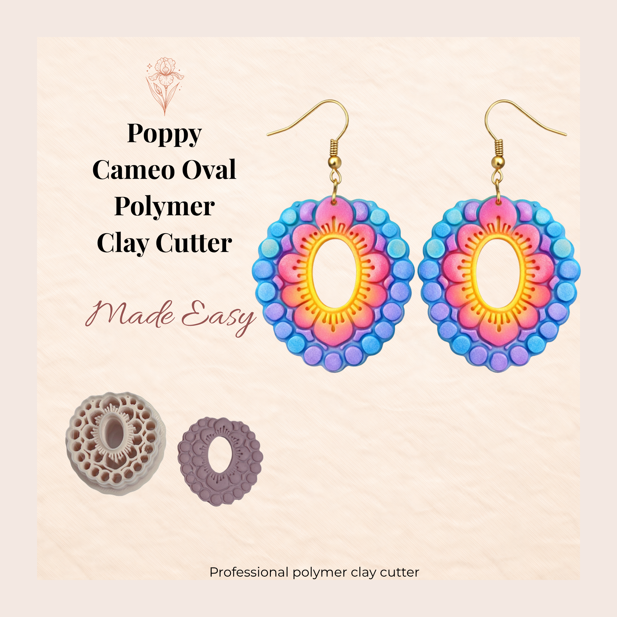 Poppy Cameo Oval Polymer Clay Cutter | 3D Printed Floral Clay Earring Cutter | Cameo Shape Cutter for Clay Jewellery Making | Clay Earring Tool